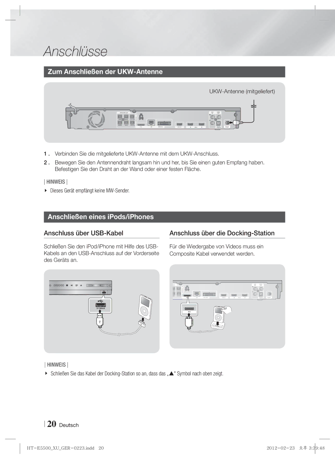 Samsung HT-E5500/XN, HT-E5550/EN, HT-E5530/XN, HT-E5550/TK Zum Anschließen der UKW-Antenne, Anschließen eines iPods/iPhones 