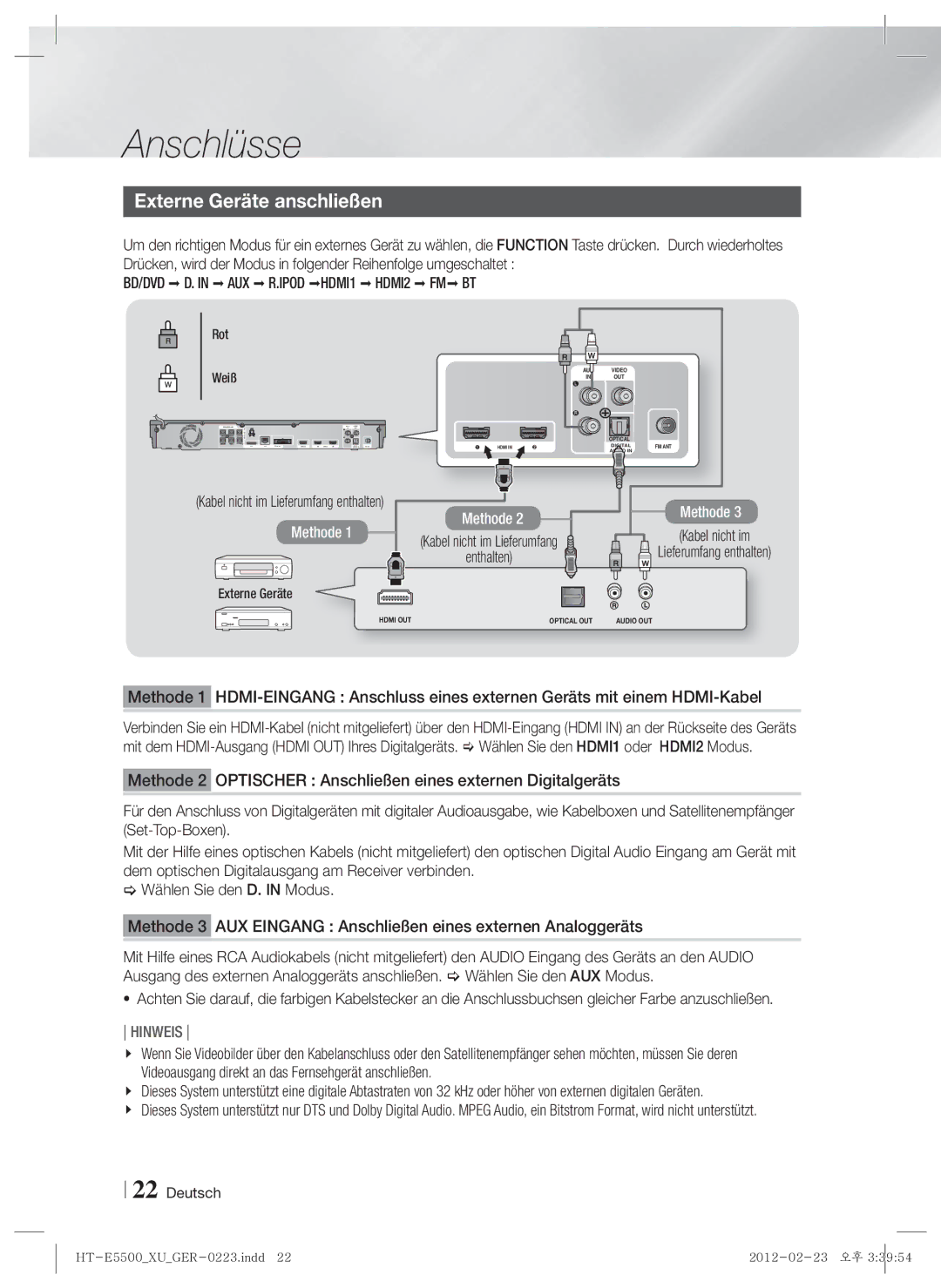 Samsung HT-E5530/XN, HT-E5500/XN, HT-E5550/EN manual Externe Geräte anschließen, BD/DVD D. in AUX R.IPOD HDMI1 HDMI2 FM BT 
