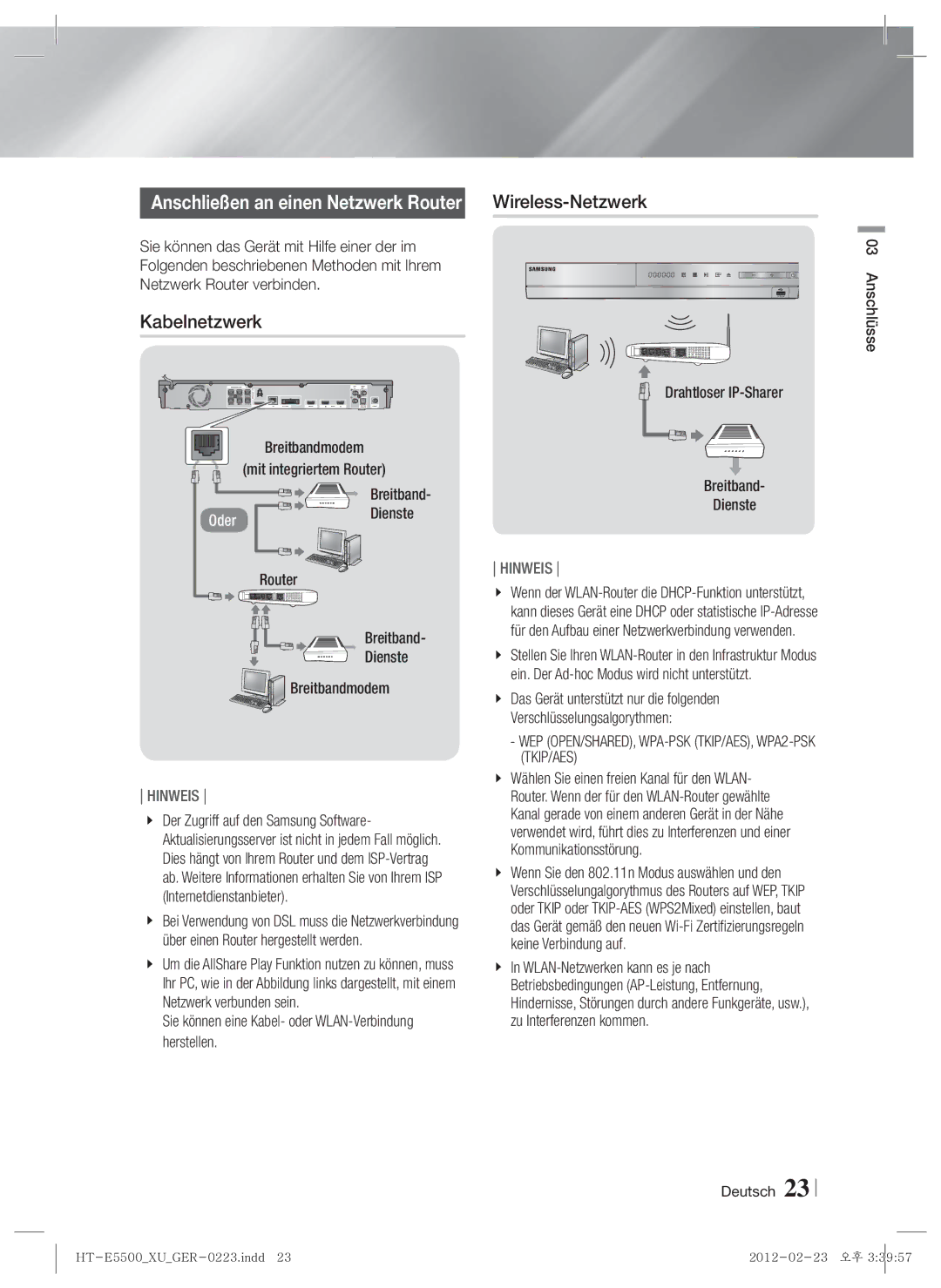 Samsung HT-E5550/TK, HT-E5500/XN manual Kabelnetzwerk, Drahtloser IP-Sharer, Router Breitband Dienste Breitbandmodem 