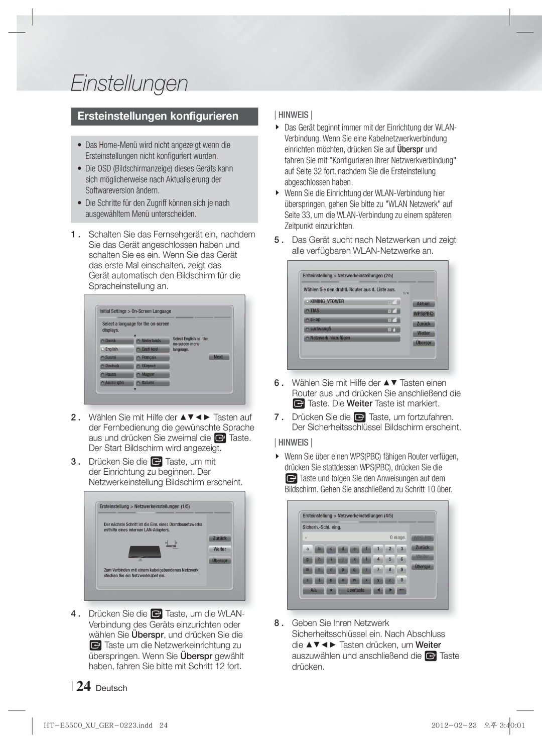 Samsung HT-E5530/EN, HT-E5500/XN, HT-E5550/EN, HT-E5530/XN, HT-E5550/TK manual Einstellungen, Ersteinstellungen konfigurieren 