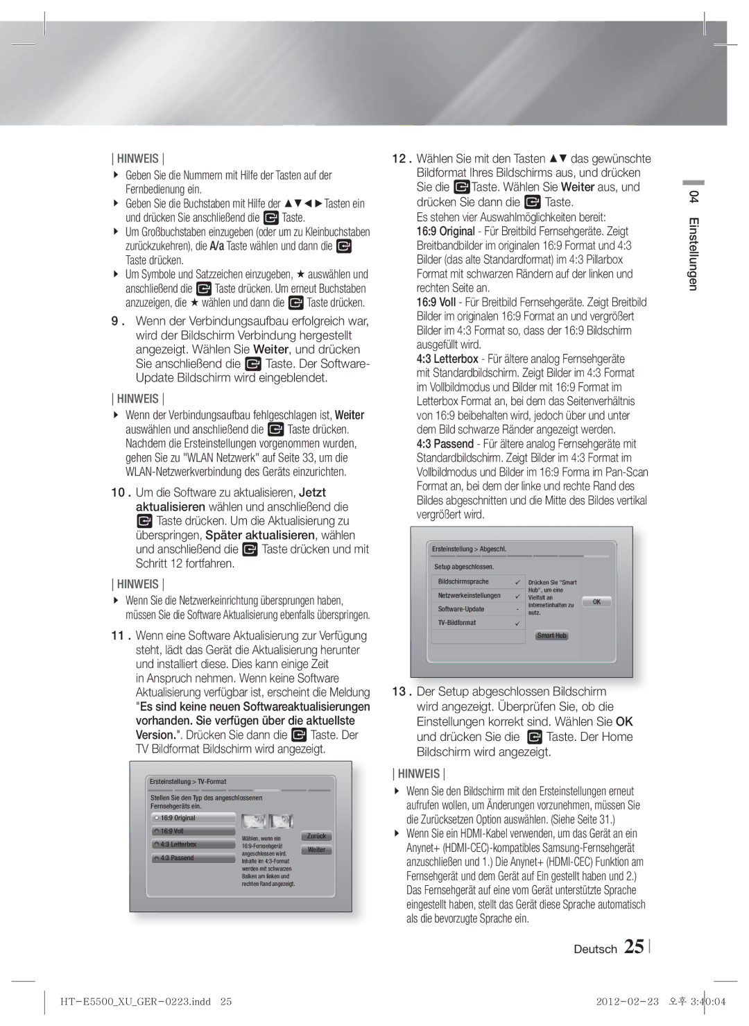 Samsung HT-E5500/EN, HT-E5500/XN, HT-E5550/EN, HT-E5530/XN, HT-E5550/TK, HT-E5530/EN, HT-E5550/ZF manual Einstellungen, Passend 