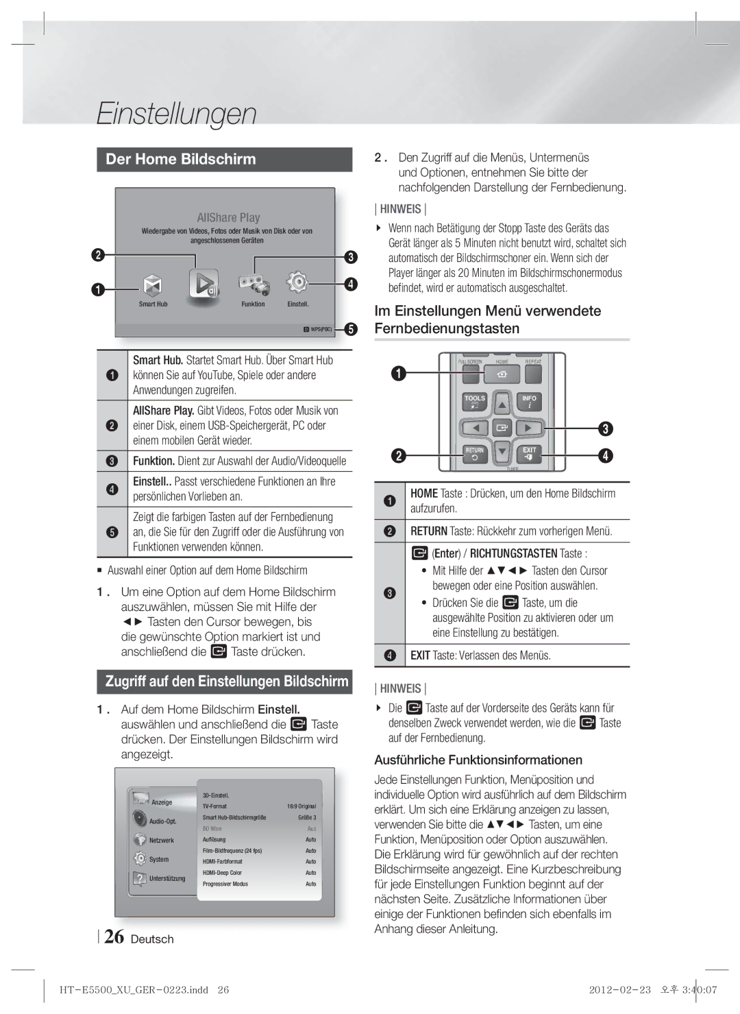 Samsung HT-E5550/ZF Der Home Bildschirm, Im Einstellungen Menü verwendete Fernbedienungstasten, Anhang dieser Anleitung 