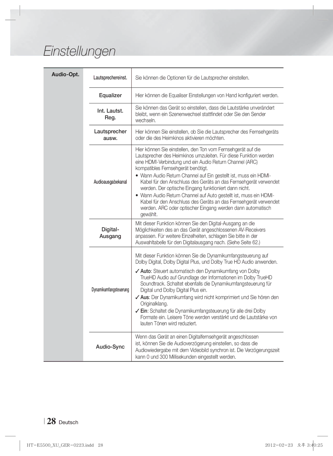 Samsung HT-E5500/ZF, HT-E5500/XN, HT-E5550/EN, HT-E5530/XN, HT-E5550/TK, HT-E5530/EN, HT-E5500/EN, HT-E5550/ZF manual Audio-Opt 