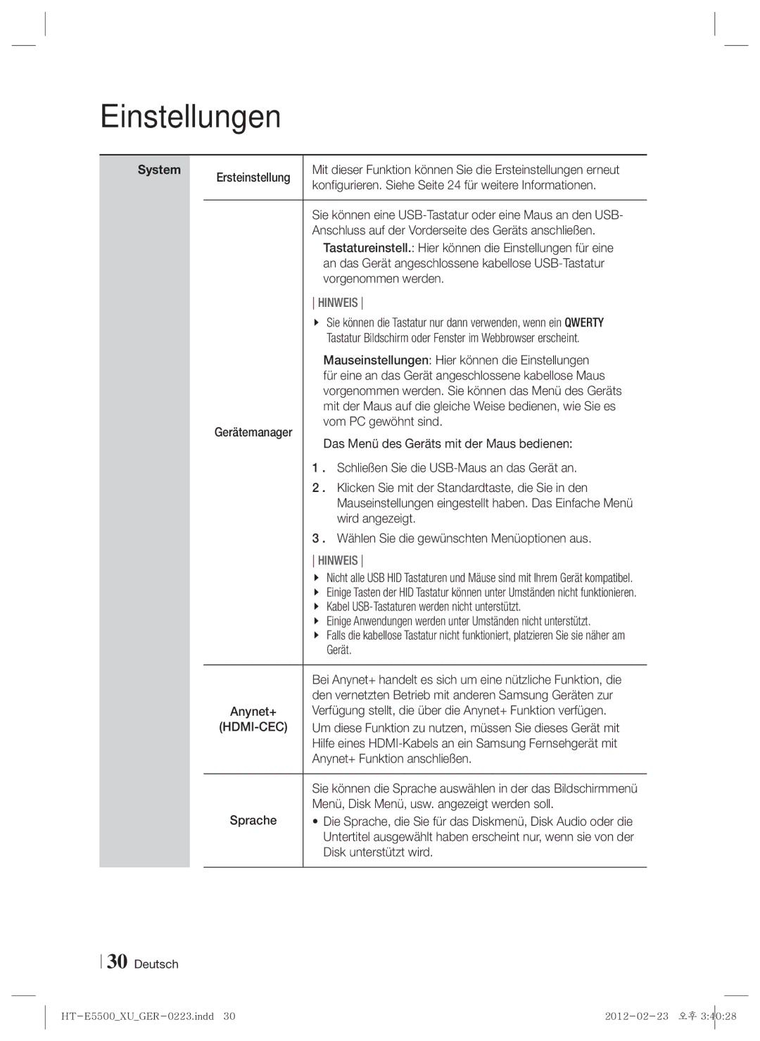 Samsung HT-E5550/XE Ersteinstellung, Konfigurieren. Siehe Seite 24 für weitere Informationen, Vorgenommen werden, Gerät 