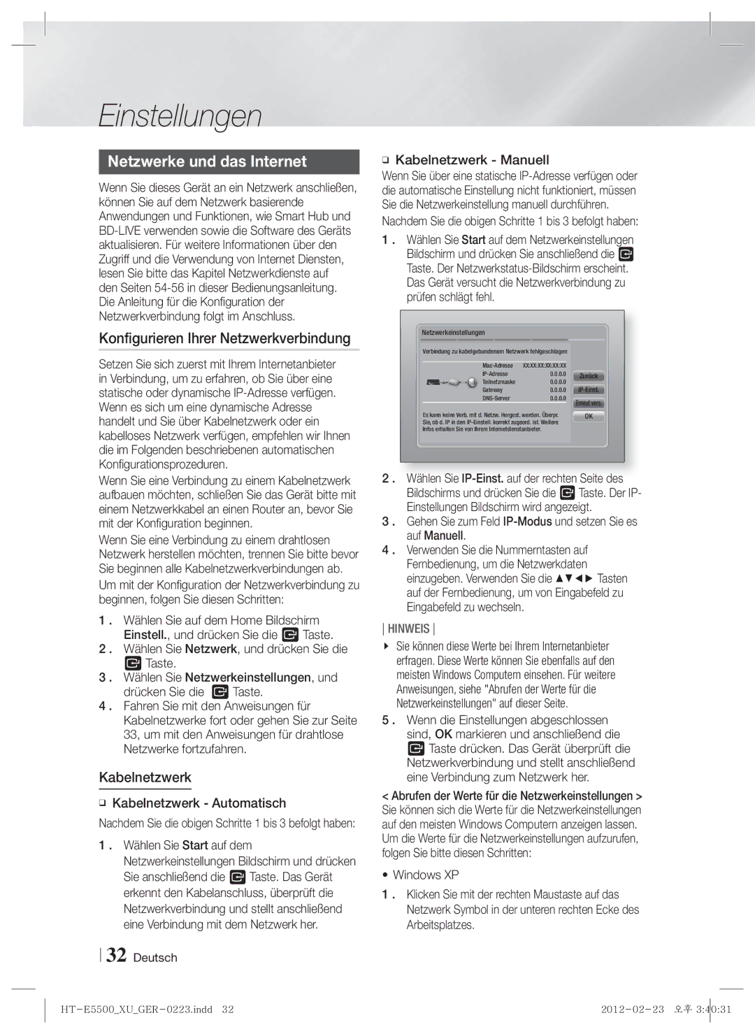 Samsung HT-E5500/XN, HT-E5550/EN manual Netzwerke und das Internet, Konfigurieren Ihrer Netzwerkverbindung, Kabelnetzwerk 