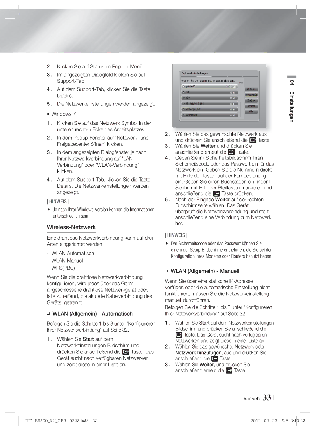 Samsung HT-E5550/EN, HT-E5500/XN, HT-E5530/XN, HT-E5550/TK, HT-E5530/EN manual Wireless-Netzwerk, Wlan Allgemein Automatisch 