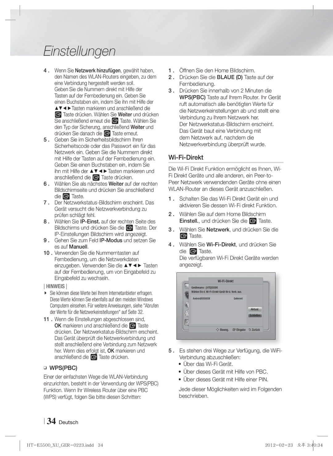 Samsung HT-E5530/XN, HT-E5500/XN, HT-E5550/EN, HT-E5550/TK, HT-E5530/EN, HT-E5500/EN, HT-E5550/ZF, HT-E5530/ZF manual Wi-Fi-Direkt 