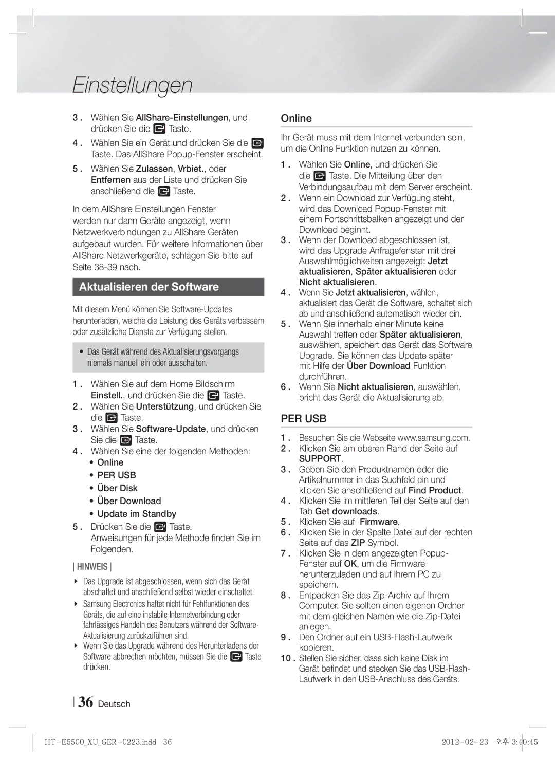 Samsung HT-E5530/EN manual Aktualisieren der Software, Per Usb, Mit Hilfe der Über Download Funktion durchführen, Support 