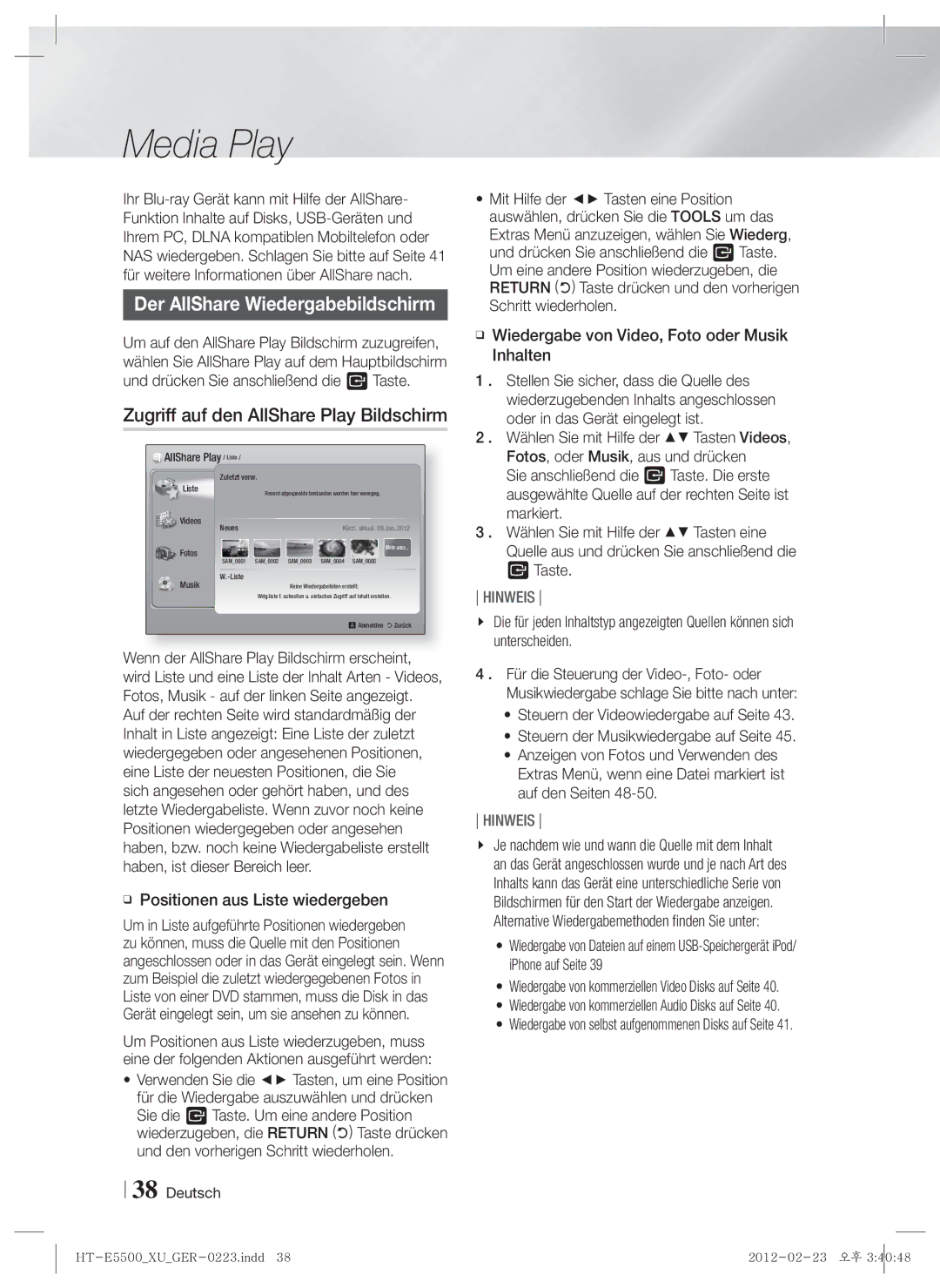 Samsung HT-E5550/ZF, HT-E5500/XN manual Der AllShare Wiedergabebildschirm, Zugriff auf den AllShare Play Bildschirm, Taste 