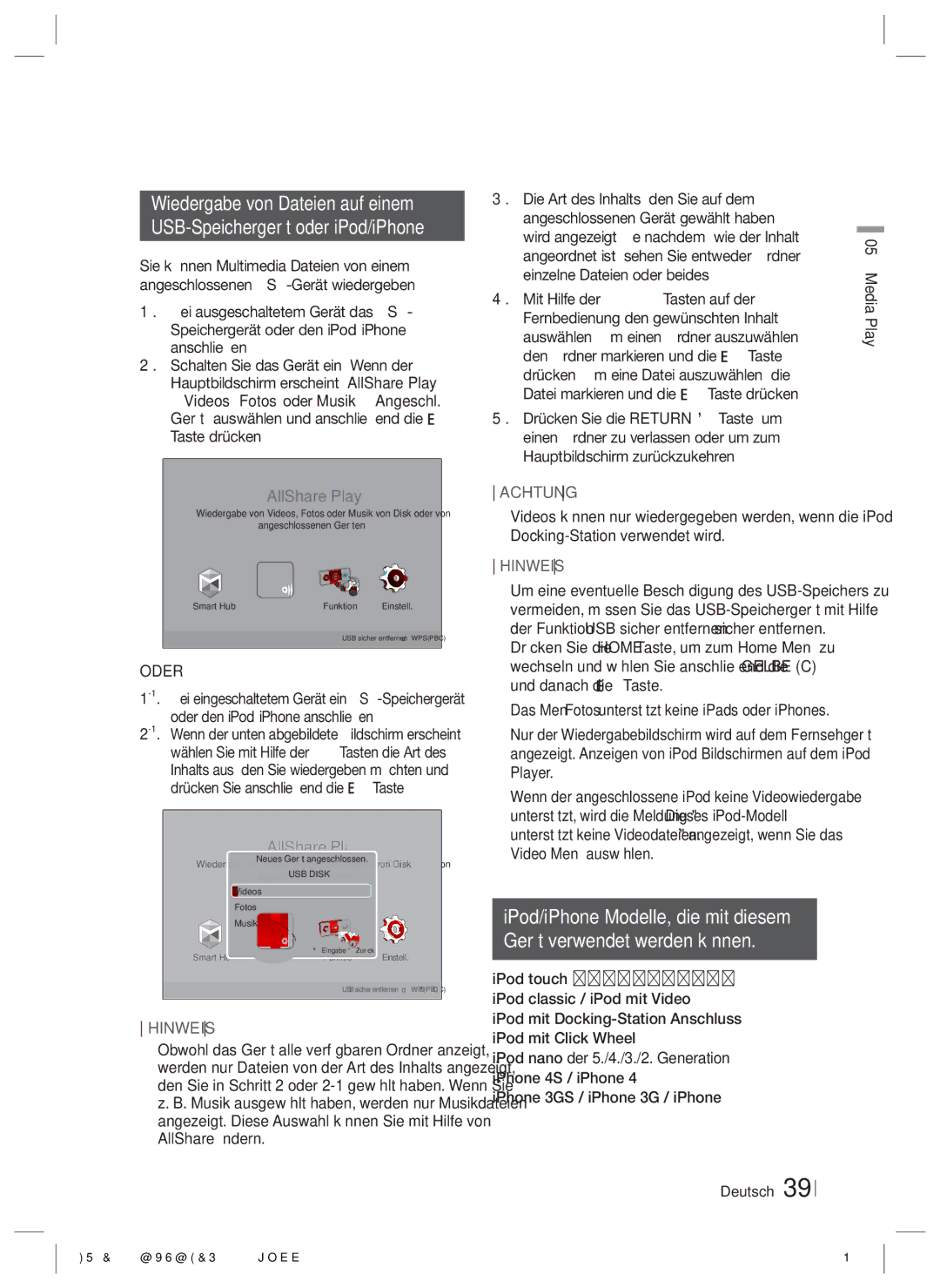 Samsung HT-E5530/ZF, HT-E5500/XN, HT-E5550/EN, HT-E5530/XN manual Wiedergabe von Dateien auf einem, Oder, Deutsch Media Play 