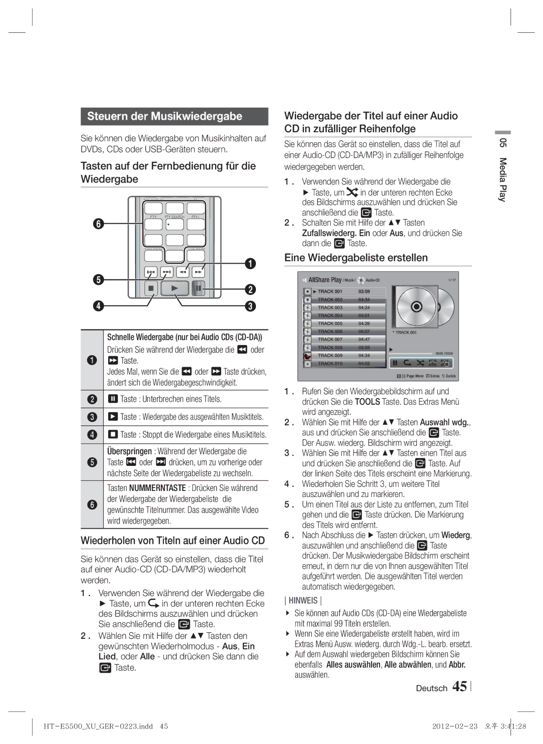 Samsung HT-E5550/EN, HT-E5500/XN, HT-E5530/XN Steuern der Musikwiedergabe, Tasten auf der Fernbedienung für die Wiedergabe 