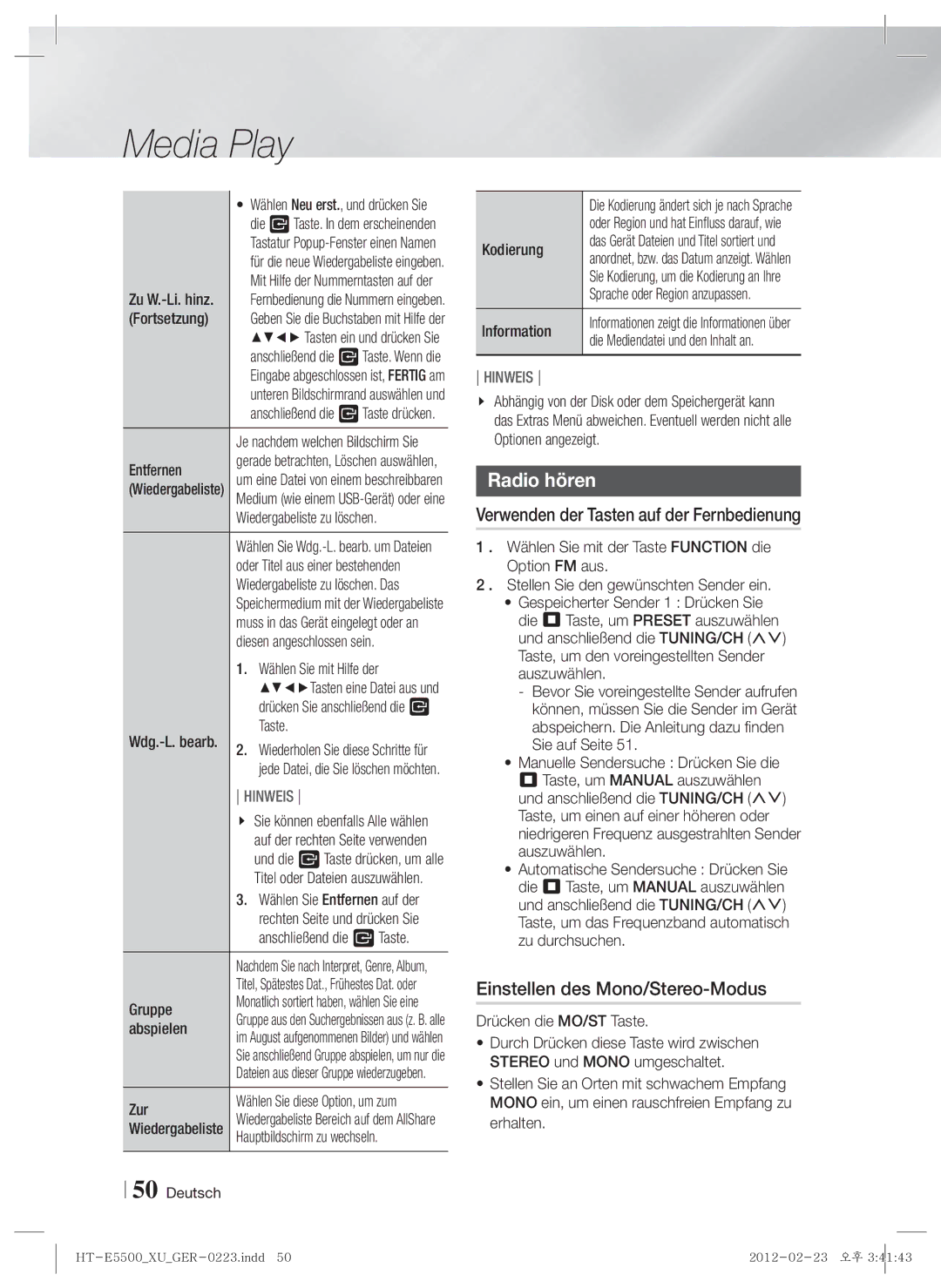 Samsung HT-E5550/ZF, HT-E5500/XN Radio hören, Verwenden der Tasten auf der Fernbedienung, Einstellen des Mono/Stereo-Modus 