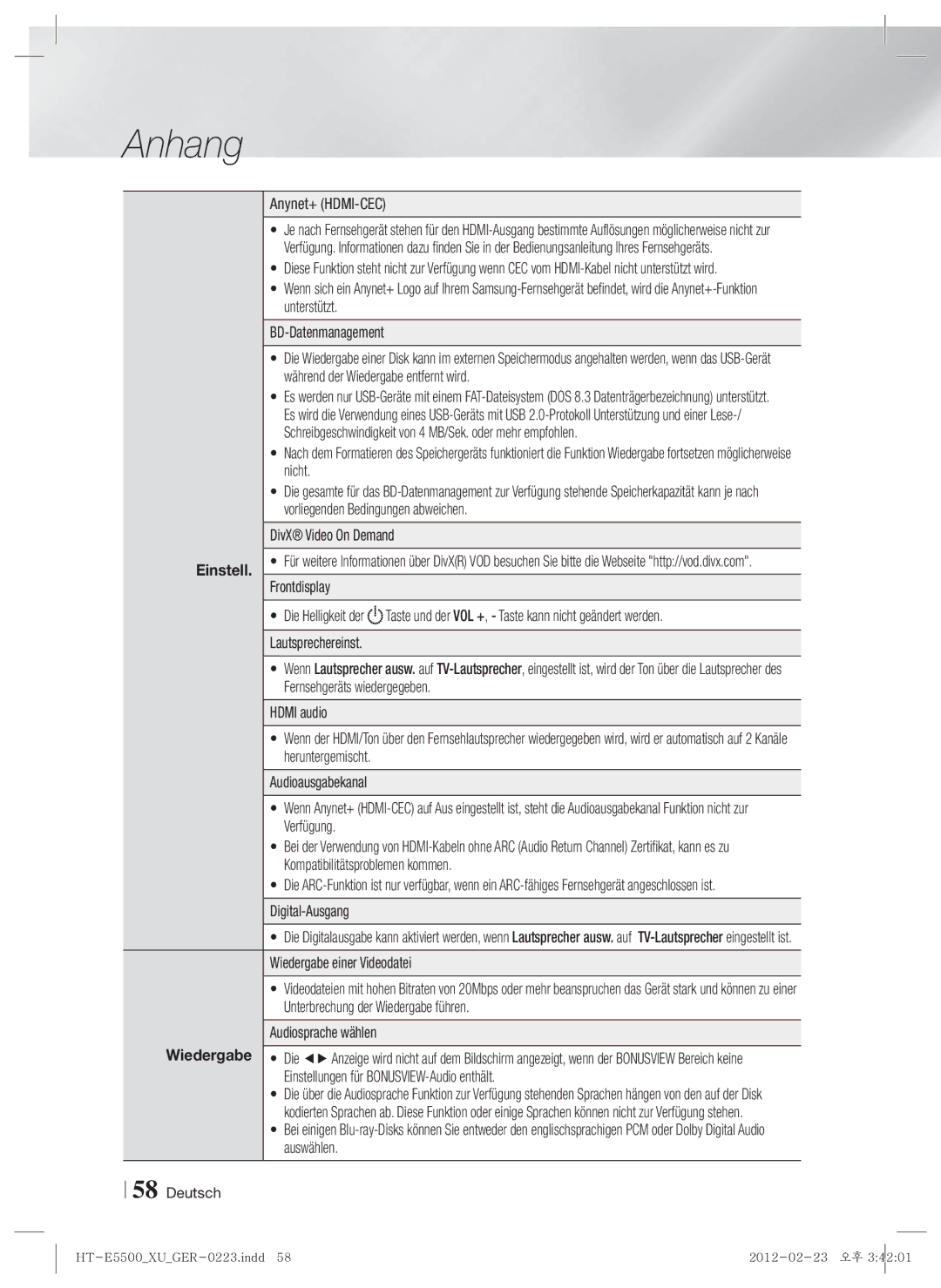 Samsung HT-E5530/XN, HT-E5500/XN, HT-E5550/EN, HT-E5550/TK manual Einstell, Wiedergabe einer Videodatei, Audiosprache wählen 