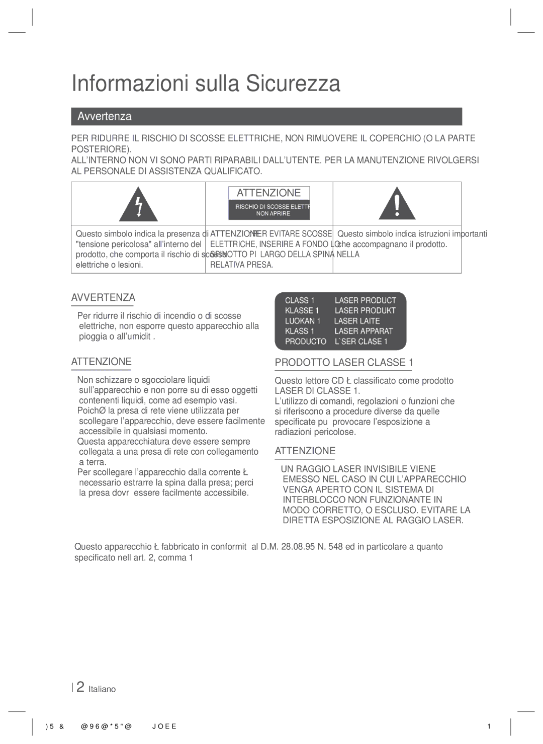 Samsung HT-E5530/XN, HT-E5500/XN Informazioni sulla Sicurezza, Avvertenza, Questo lettore CD è classificato come prodotto 