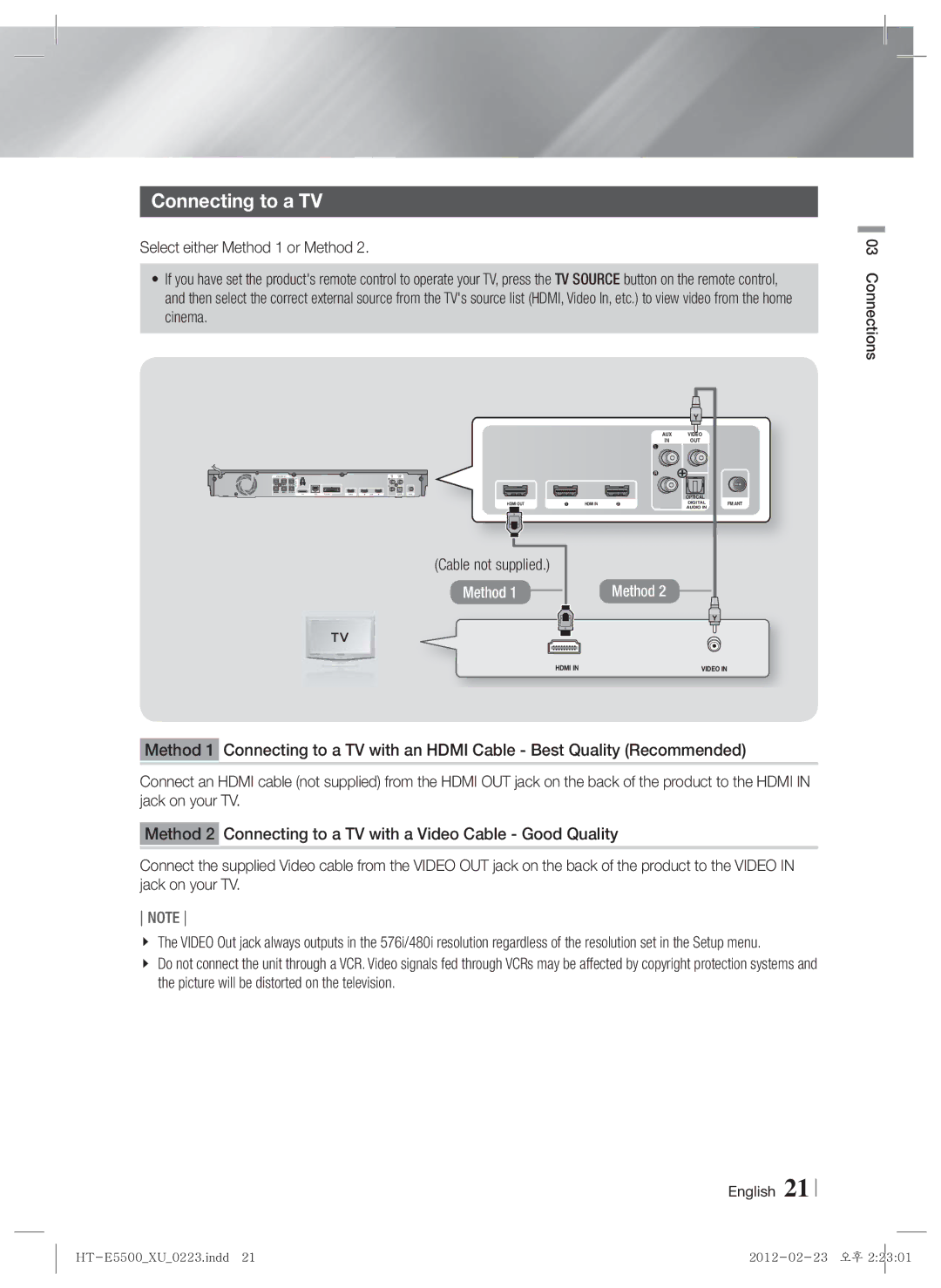 Samsung HT-E5500/XE, HT-E5500/XN, HT-E5550/EN, HT-E5530/XN, HT-E5550/TK, HT-E5530/EN Connecting to a TV, Cable not supplied 