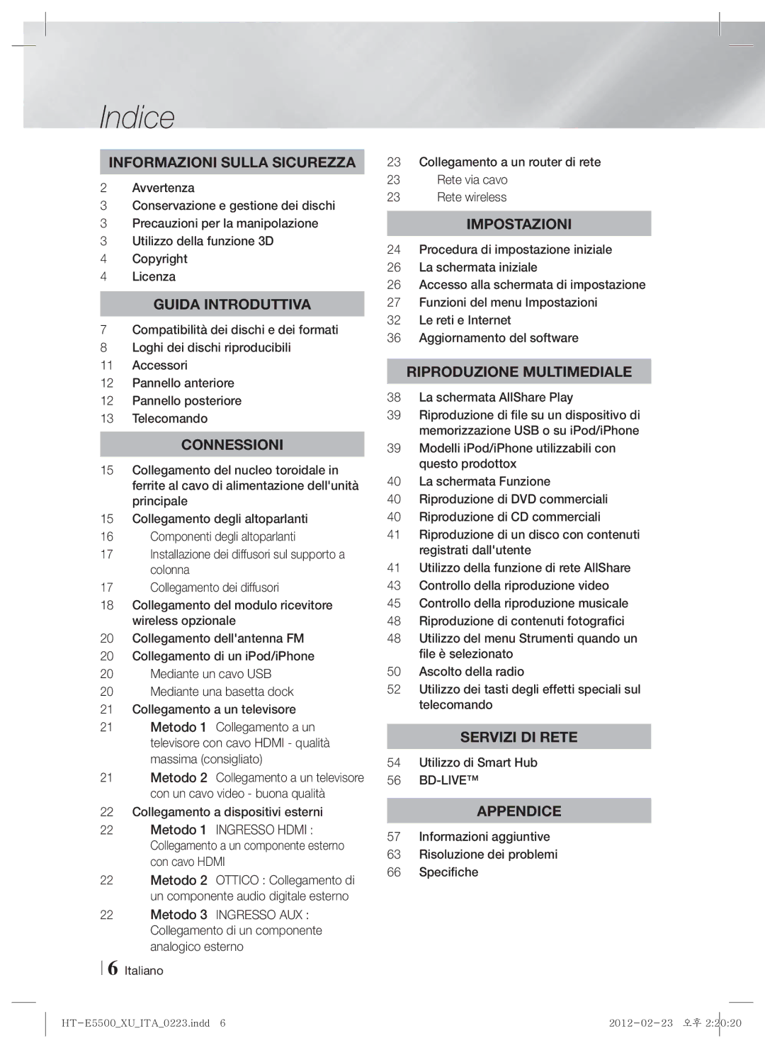 Samsung HT-E5550/ZF manual Indice, Utilizzo di Smart Hub, Informazioni aggiuntive Risoluzione dei problemi Specifiche 