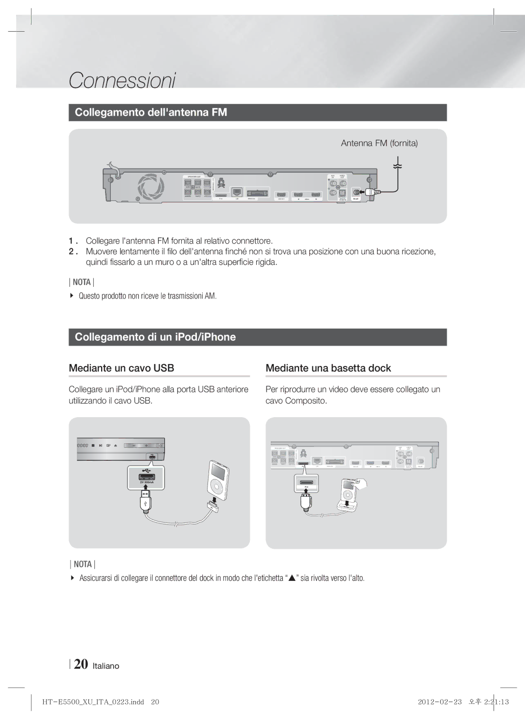 Samsung HT-E5500/ZF, HT-E5500/XN manual Collegamento dellantenna FM, Collegamento di un iPod/iPhone, Mediante un cavo USB 