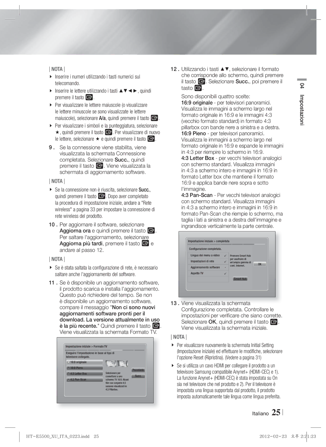 Samsung HT-E5550/EN, HT-E5500/XN, HT-E5530/XN, HT-E5550/TK, HT-E5530/EN, HT-E5500/EN, HT-E5550/ZF manual Italiano Impostazioni 