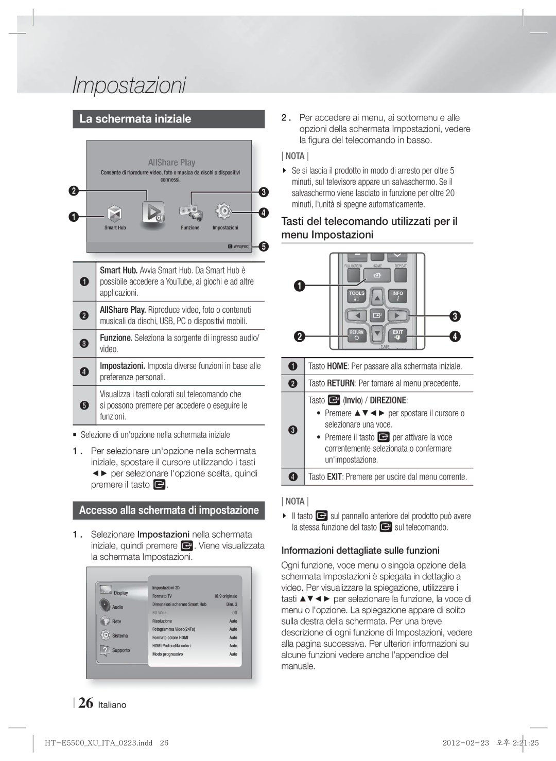 Samsung HT-E5530/XN, HT-E5500/XN manual La schermata iniziale, Tasti del telecomando utilizzati per il menu Impostazioni 