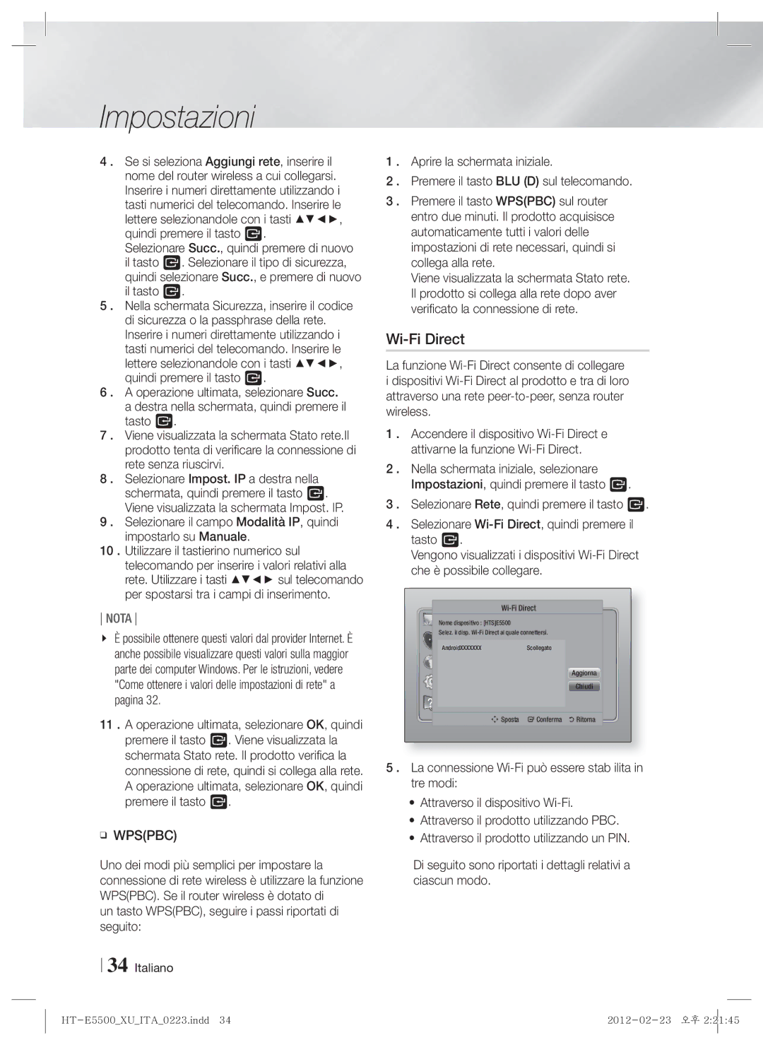 Samsung HT-E5550/XE Un tasto WPSPBC, seguire i passi riportati di seguito, Operazione ultimata, selezionare OK, quindi 