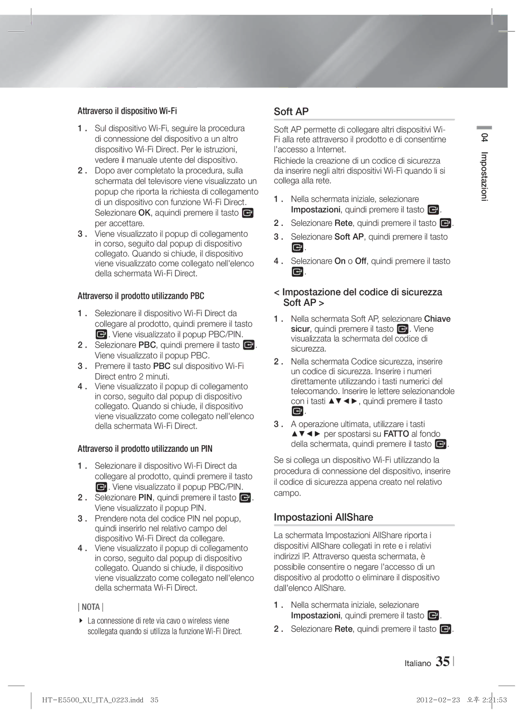 Samsung HT-E5530/XE, HT-E5500/XN, HT-E5550/EN manual Impostazioni AllShare, Impostazione del codice di sicurezza Soft AP 