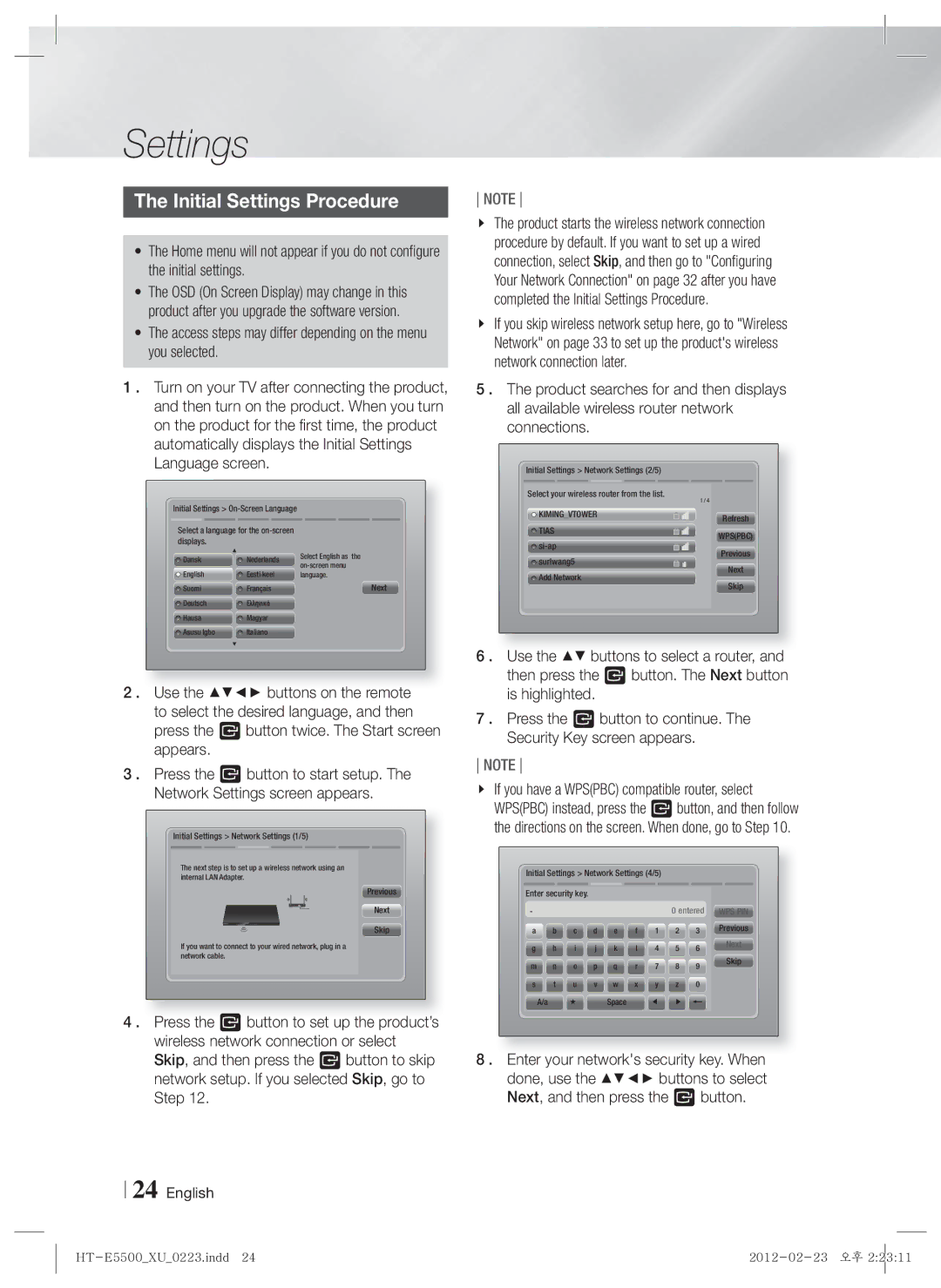 Samsung HT-E5500/XN manual Initial Settings Procedure, Access steps may differ depending on the menu you selected 