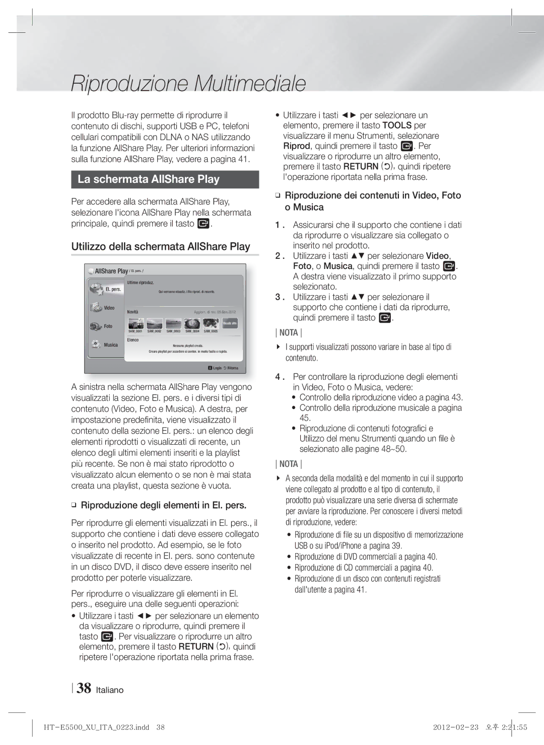 Samsung HT-E5530/XN manual Riproduzione Multimediale, La schermata AllShare Play, Utilizzo della schermata AllShare Play 