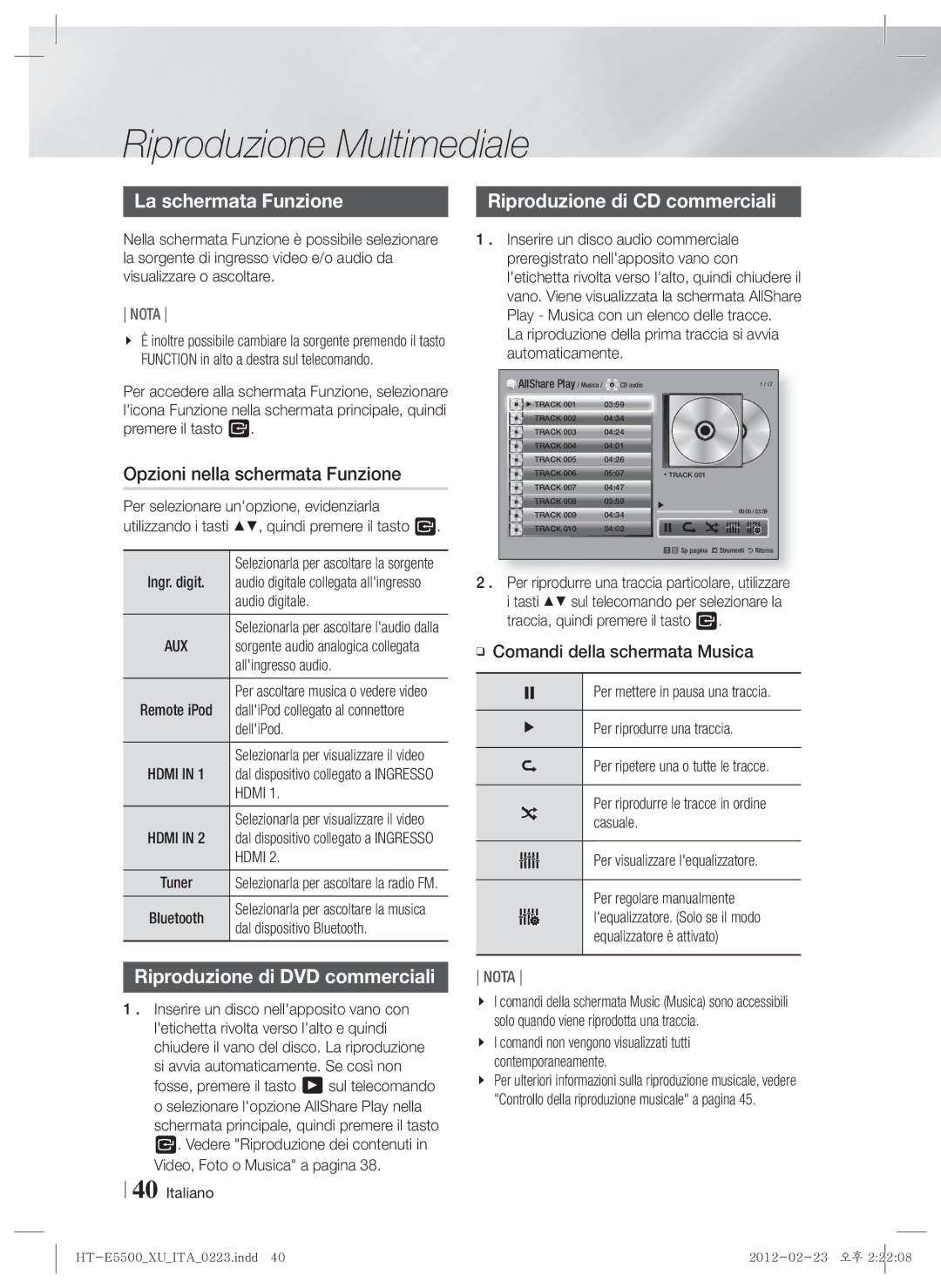 Samsung HT-E5530/EN, HT-E5500/XN La schermata Funzione, Opzioni nella schermata Funzione, Riproduzione di CD commerciali 