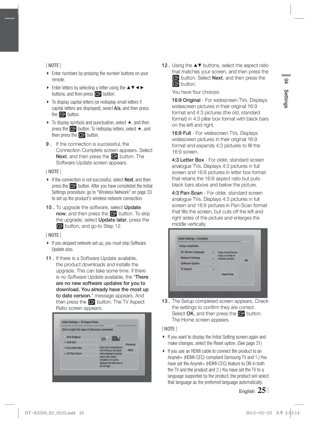 Samsung HT-E5550/EN Enter numbers by pressing the number buttons on your remote, Button You have four choices, Settings 