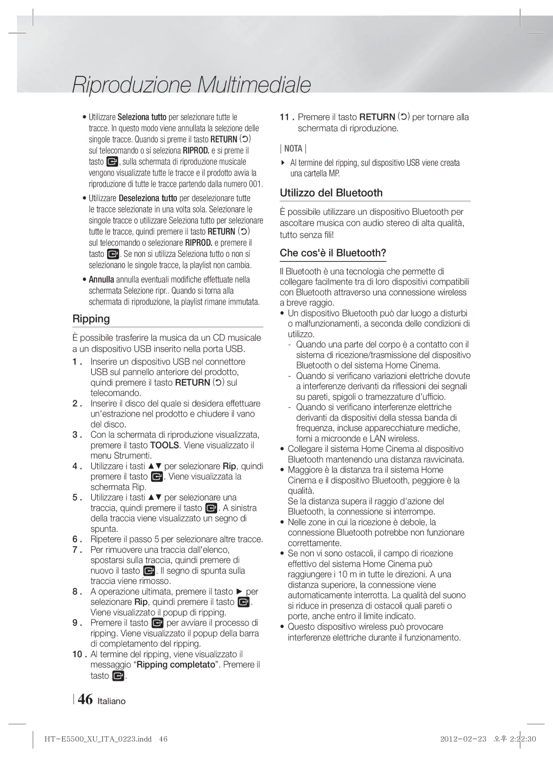 Samsung HT-E5550/XE, HT-E5500/XN, HT-E5550/EN, HT-E5530/XN, HT-E5550/TK manual Utilizzo del Bluetooth, Che cosè il Bluetooth? 