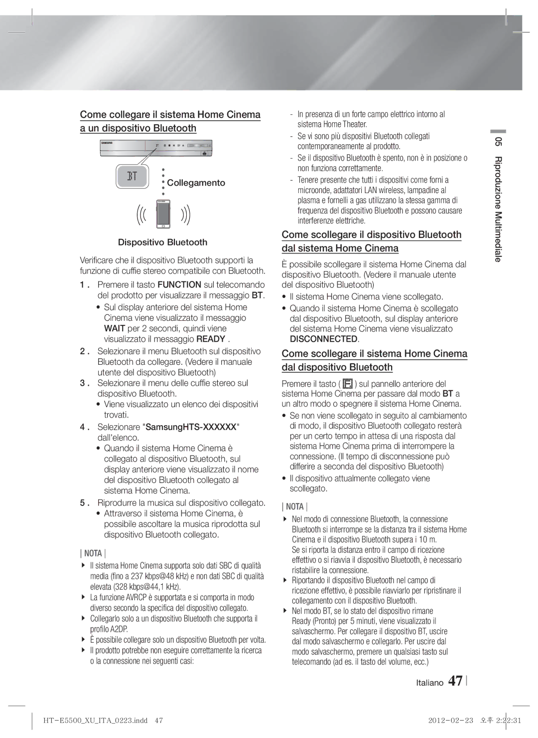 Samsung HT-E5530/XE, HT-E5500/XN, HT-E5550/EN, HT-E5530/XN, HT-E5550/TK manual Collegamento Dispositivo Bluetooth, Disconnected 