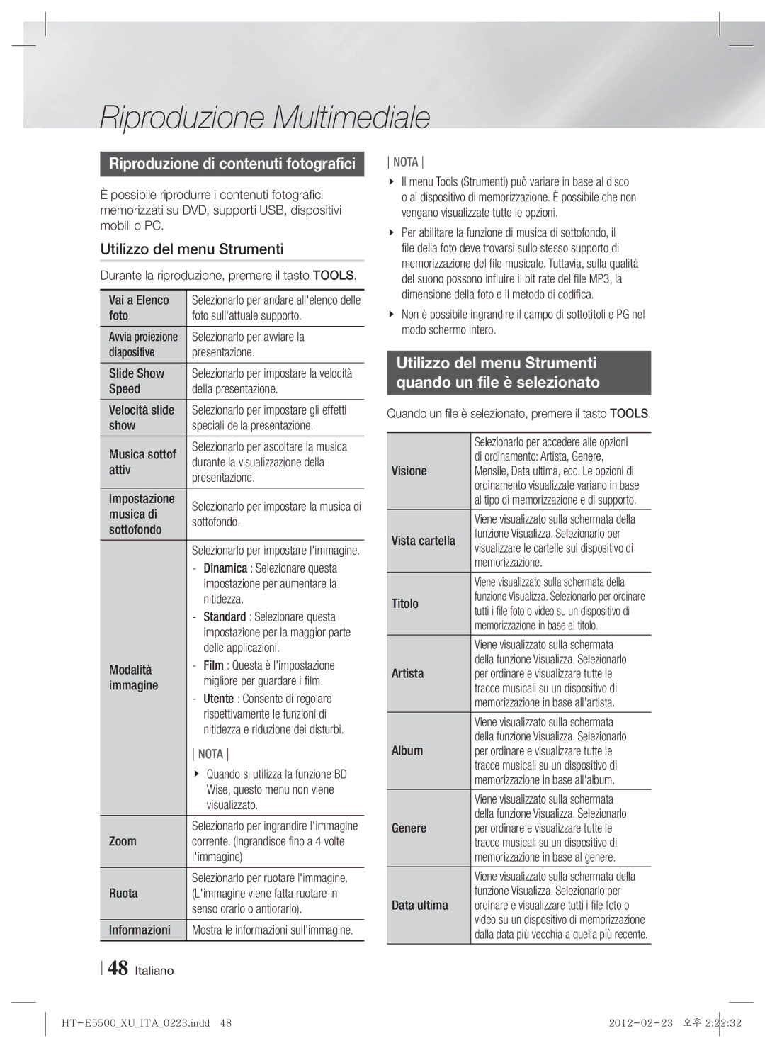 Samsung HT-E5500/XN, HT-E5550/EN, HT-E5530/XN, HT-E5550/TK manual Utilizzo del menu Strumenti Quando un file è selezionato 