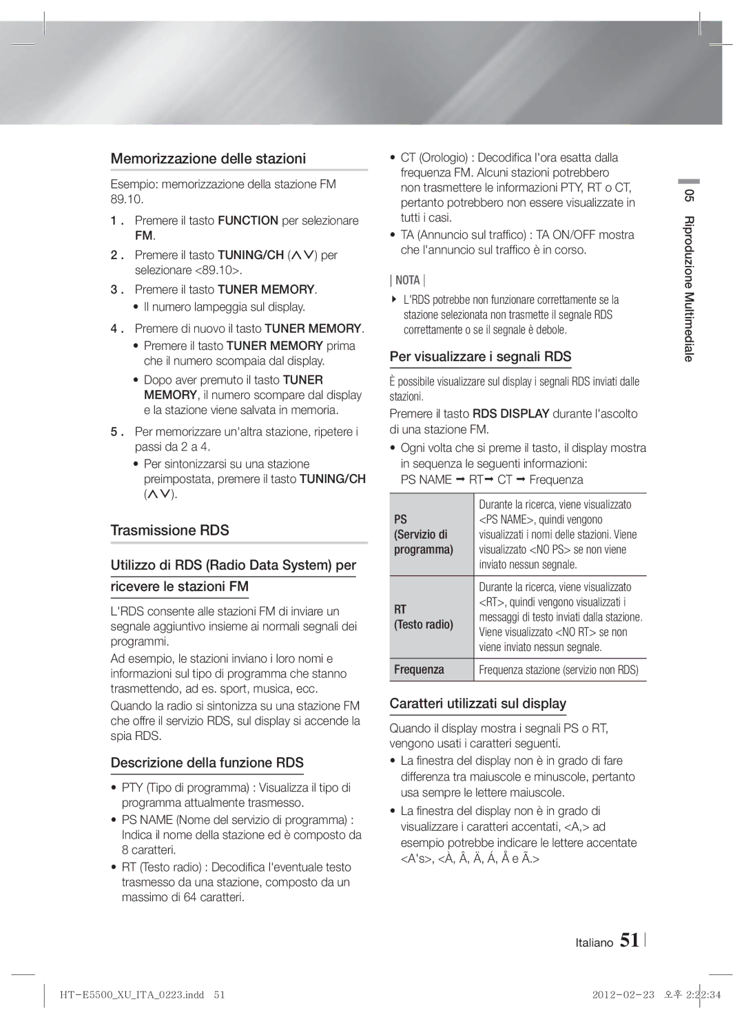 Samsung HT-E5550/TK, HT-E5500/XN manual Memorizzazione delle stazioni, Trasmissione RDS, Descrizione della funzione RDS 