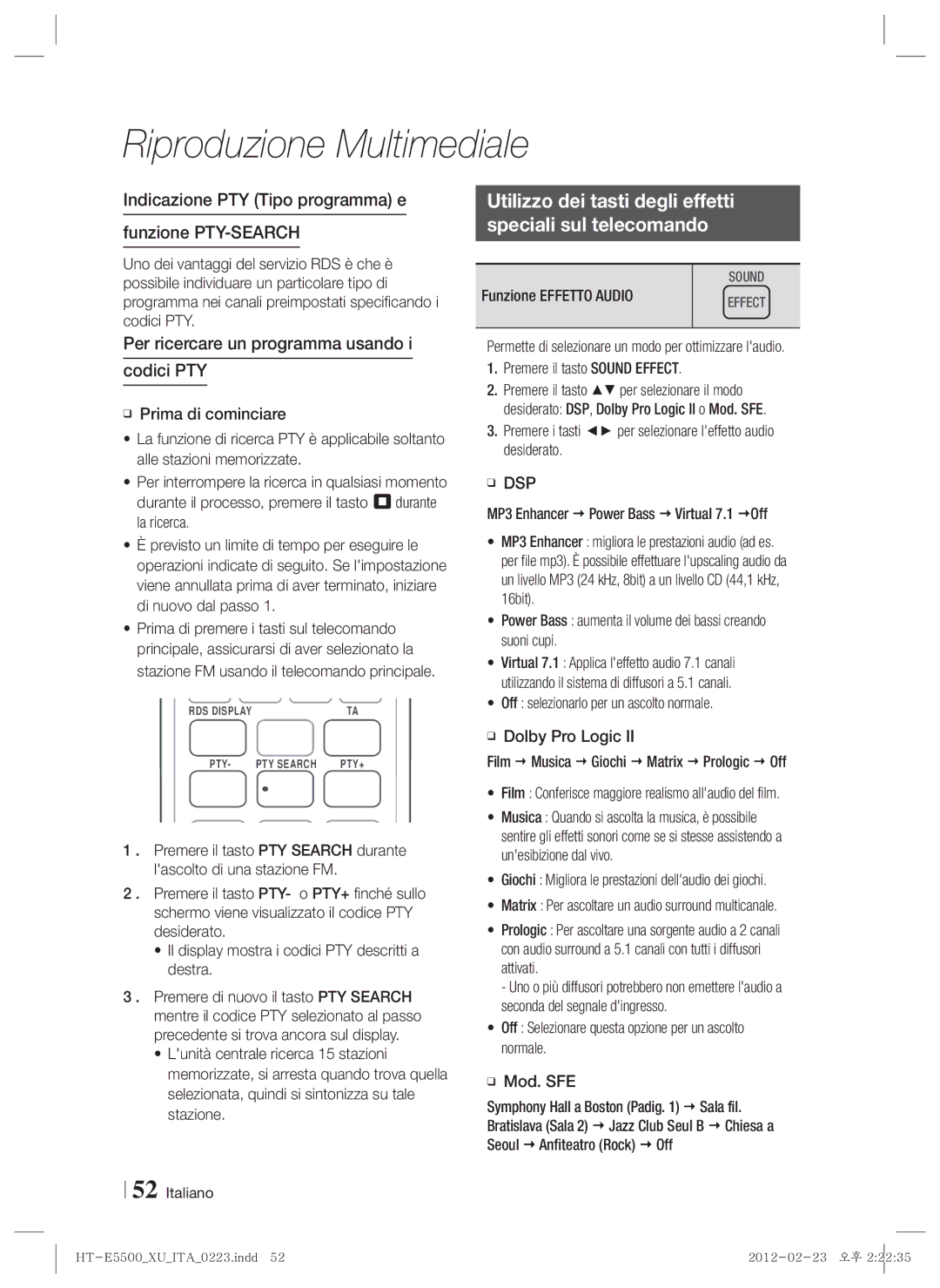 Samsung HT-E5530/EN, HT-E5500/XN, HT-E5550/EN, HT-E5530/XN manual Utilizzo dei tasti degli effetti Speciali sul telecomando 