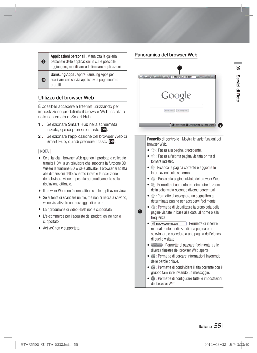 Samsung HT-E5530/ZF, HT-E5500/XN manual Utilizzo del browser Web, Scaricare vari servizi applicativi a pagamento o gratuiti 