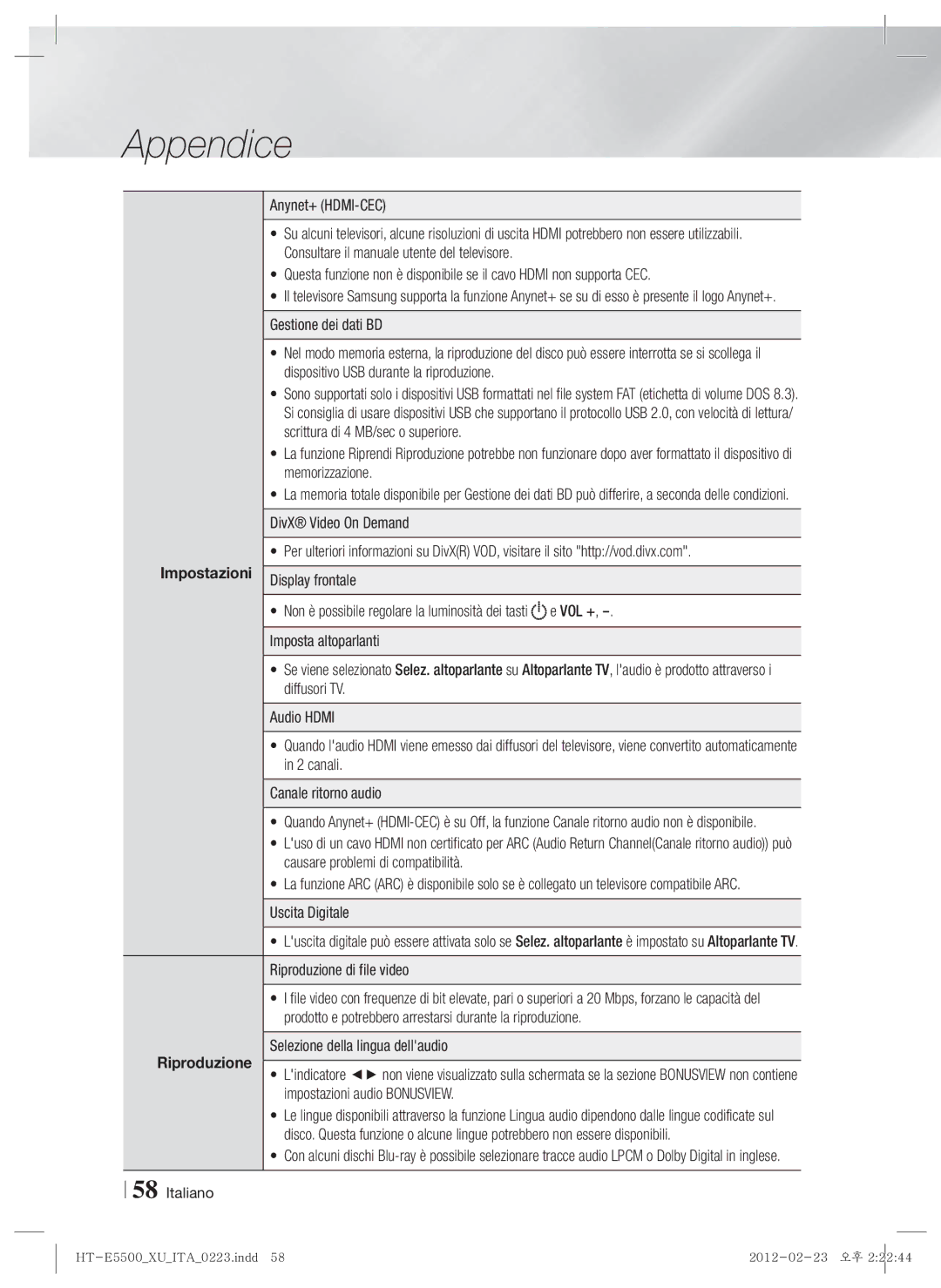 Samsung HT-E5550/XE, HT-E5500/XN, HT-E5550/EN, HT-E5530/XN manual Riproduzione di file video, Selezione della lingua dellaudio 