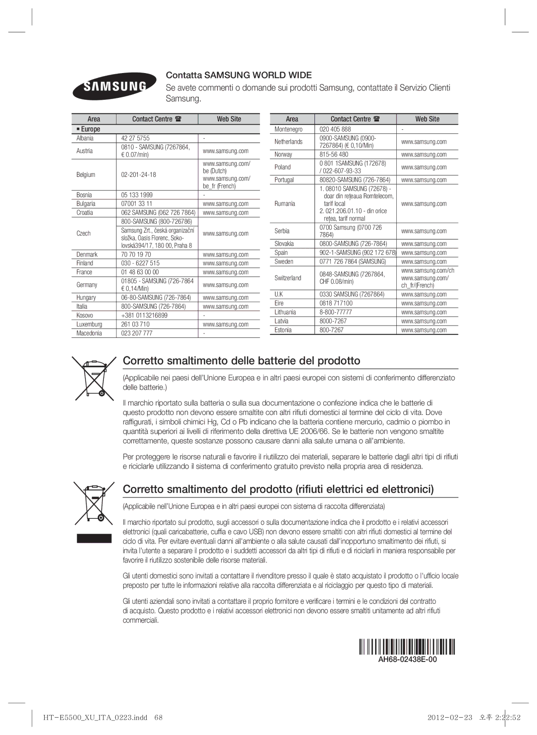 Samsung HT-E5500/ZF, HT-E5500/XN Corretto smaltimento delle batterie del prodotto, Area Contact Centre  Web Site ` Europe 