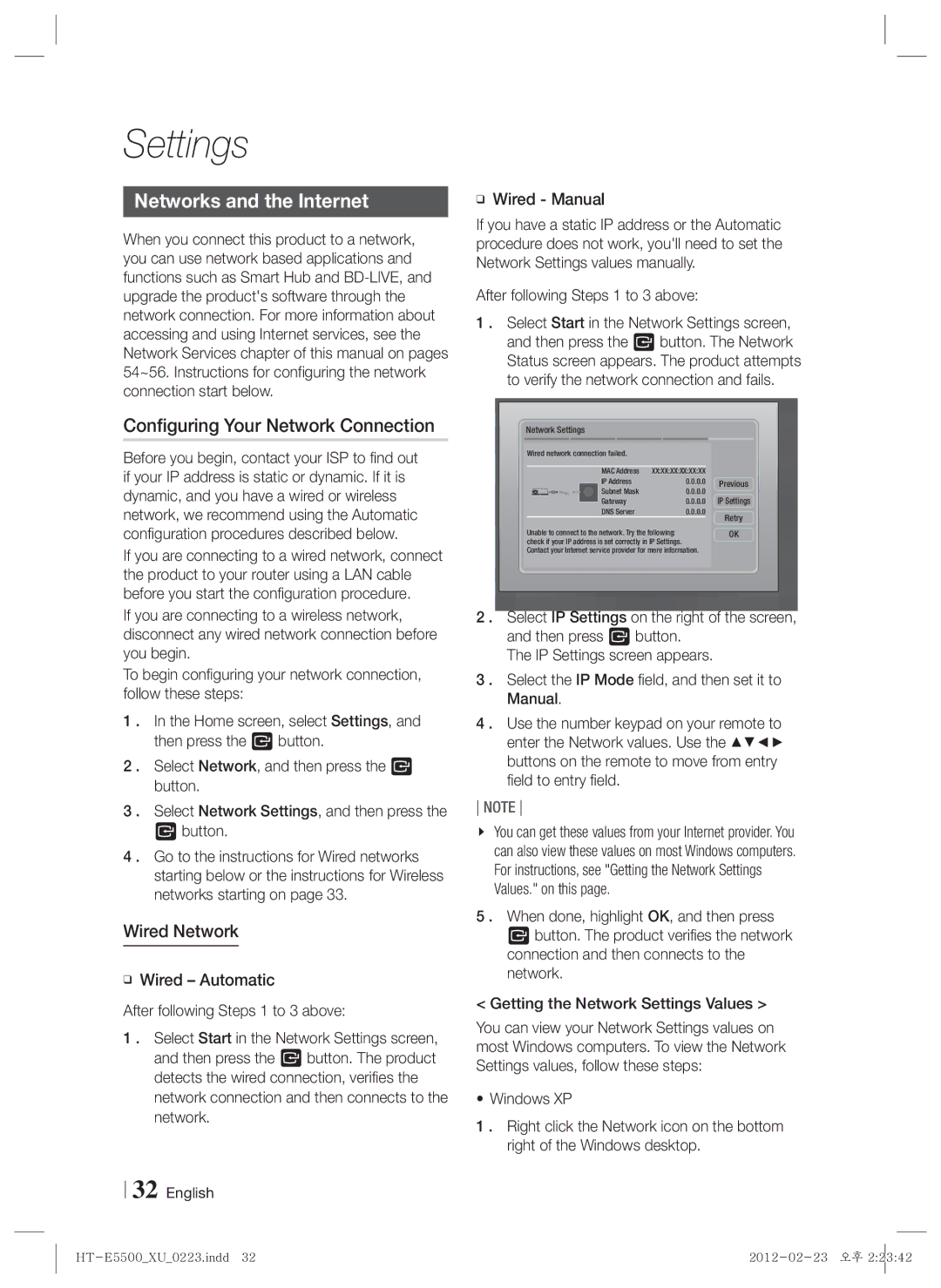 Samsung HT-E5500/ZF manual Networks and the Internet, Configuring Your Network Connection, Wired Network, Wired Manual 