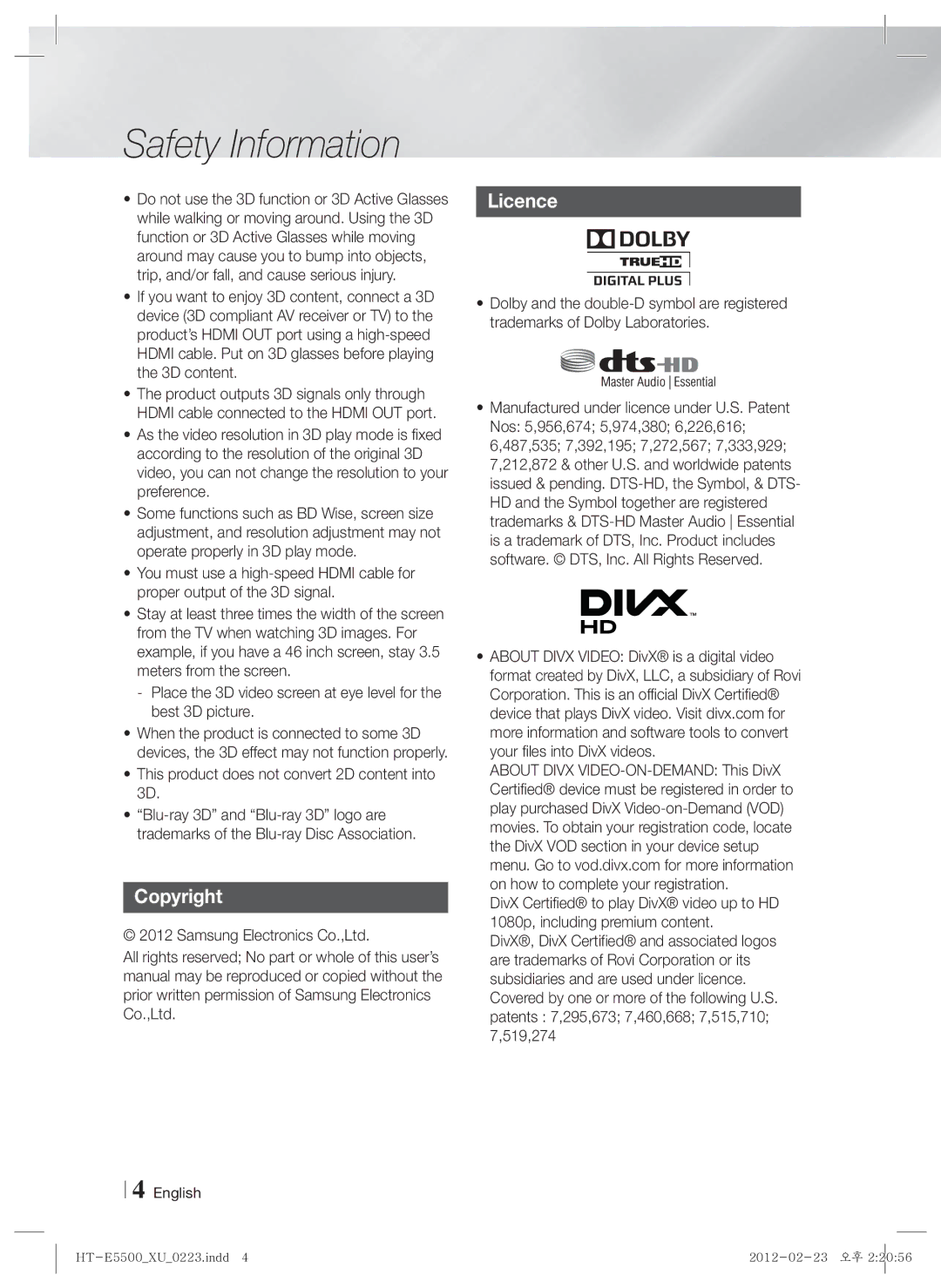 Samsung HT-E5530/EN, HT-E5500/XN, HT-E5550/EN manual Copyright, Licence, This product does not convert 2D content into 3D 