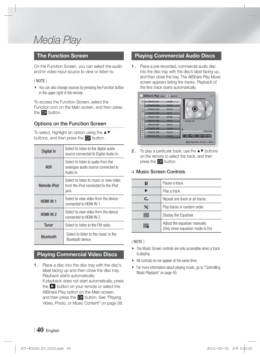 Samsung HT-E5530/EN Options on the Function Screen, Playing Commercial Audio Discs, Playing Commercial Video Discs 