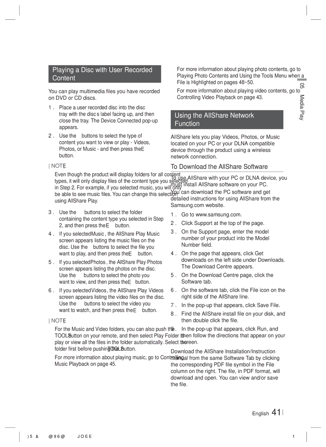 Samsung HT-E5500/EN, HT-E5500/XN manual Playing a Disc with User Recorded Content, Using the AllShare Network Function 