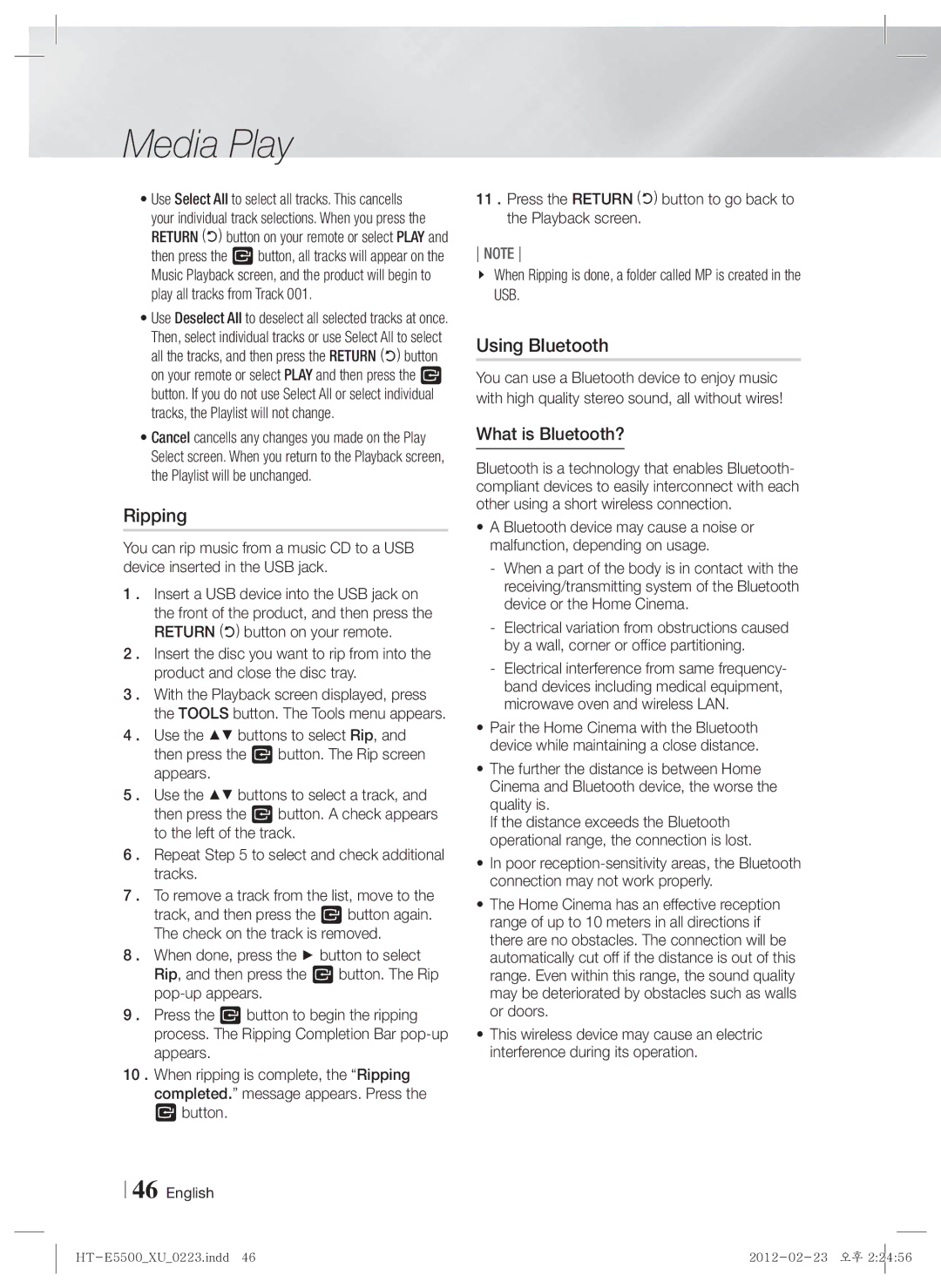 Samsung HT-E5550/XE, HT-E5500/XN, HT-E5550/EN, HT-E5530/XN, HT-E5550/TK manual Ripping, Using Bluetooth, What is Bluetooth? 