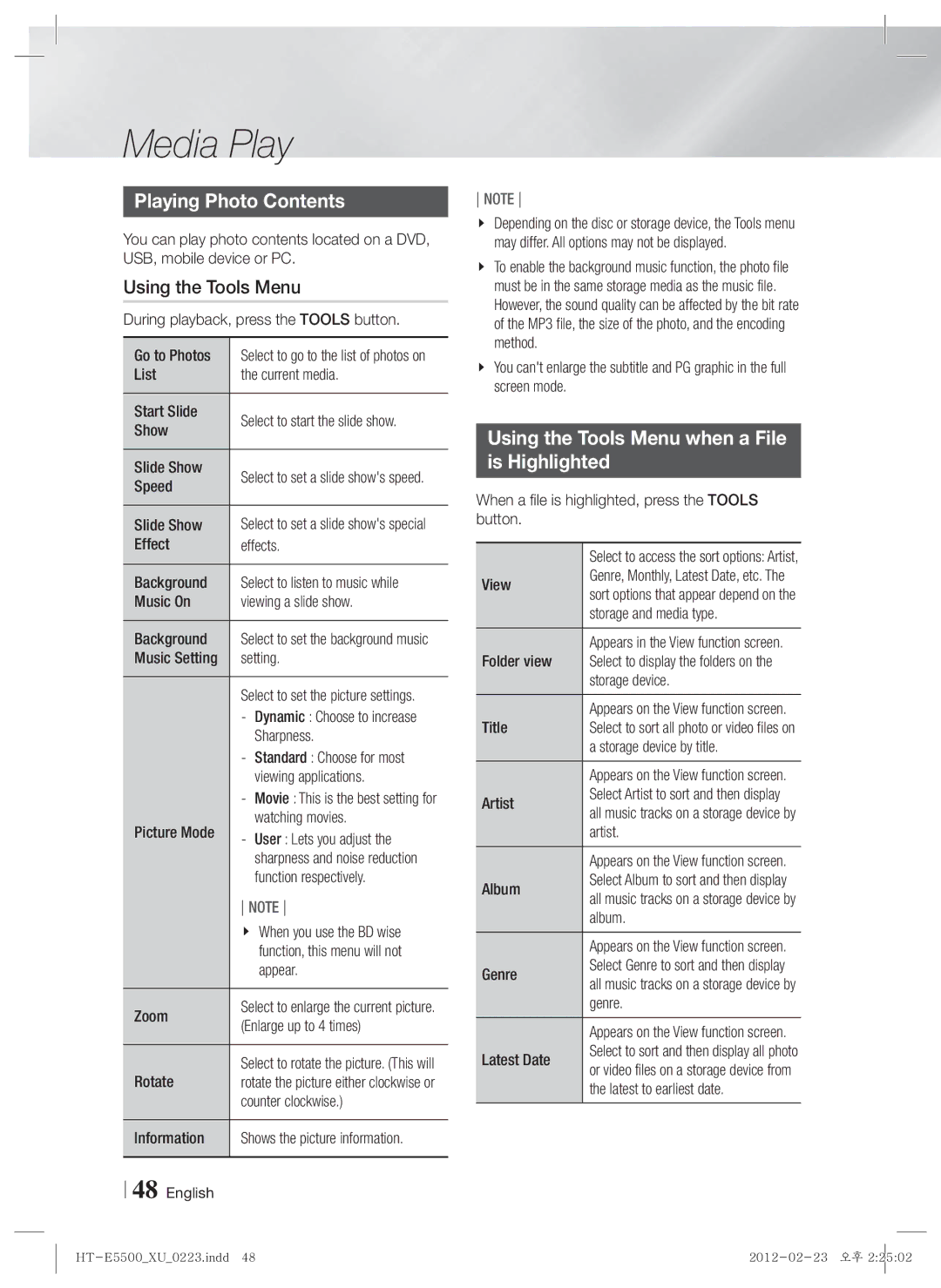 Samsung HT-E5500/XN, HT-E5550/EN, HT-E5530/XN manual Playing Photo Contents, Using the Tools Menu when a File Is Highlighted 