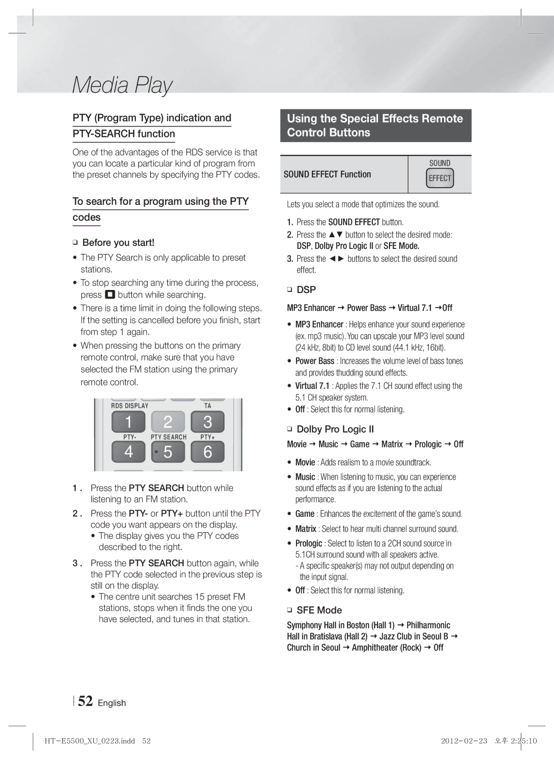 Samsung HT-E5530/EN Using the Special Effects Remote Control Buttons, PTY Program Type indication PTY-SEARCH function, Dsp 