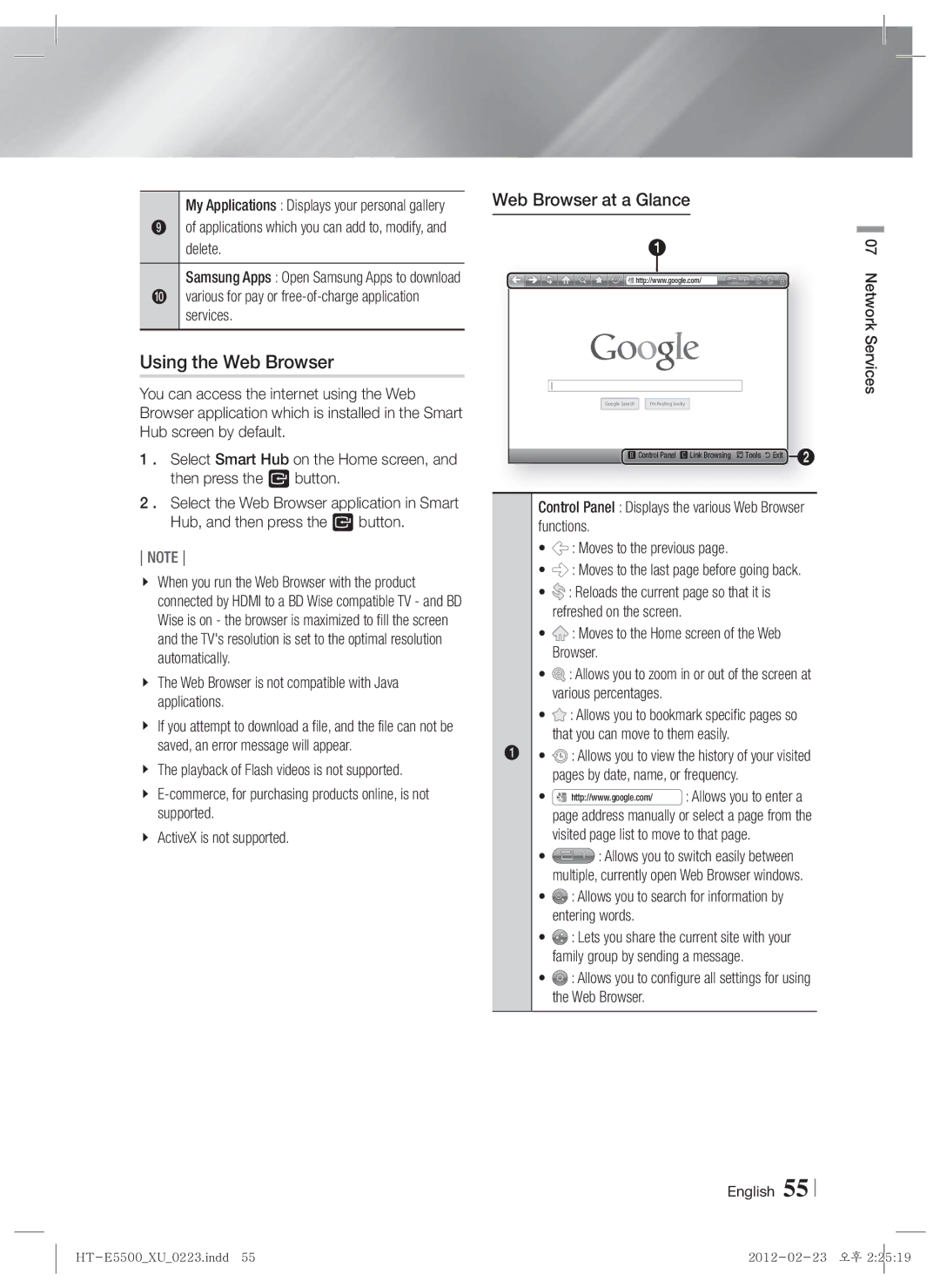 Samsung HT-E5530/ZF, HT-E5500/XN, HT-E5550/EN, HT-E5530/XN, HT-E5550/TK manual Using the Web Browser, Web Browser at a Glance 