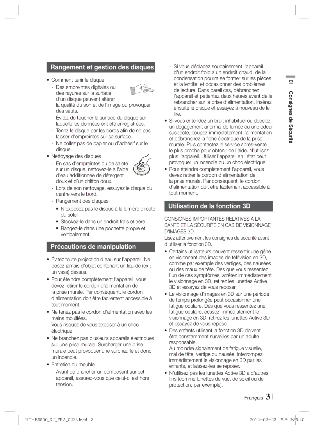 Samsung HT-E5530/XE manual Rangement et gestion des disques, Précautions de manipulation, Utilisation de la fonction 3D 