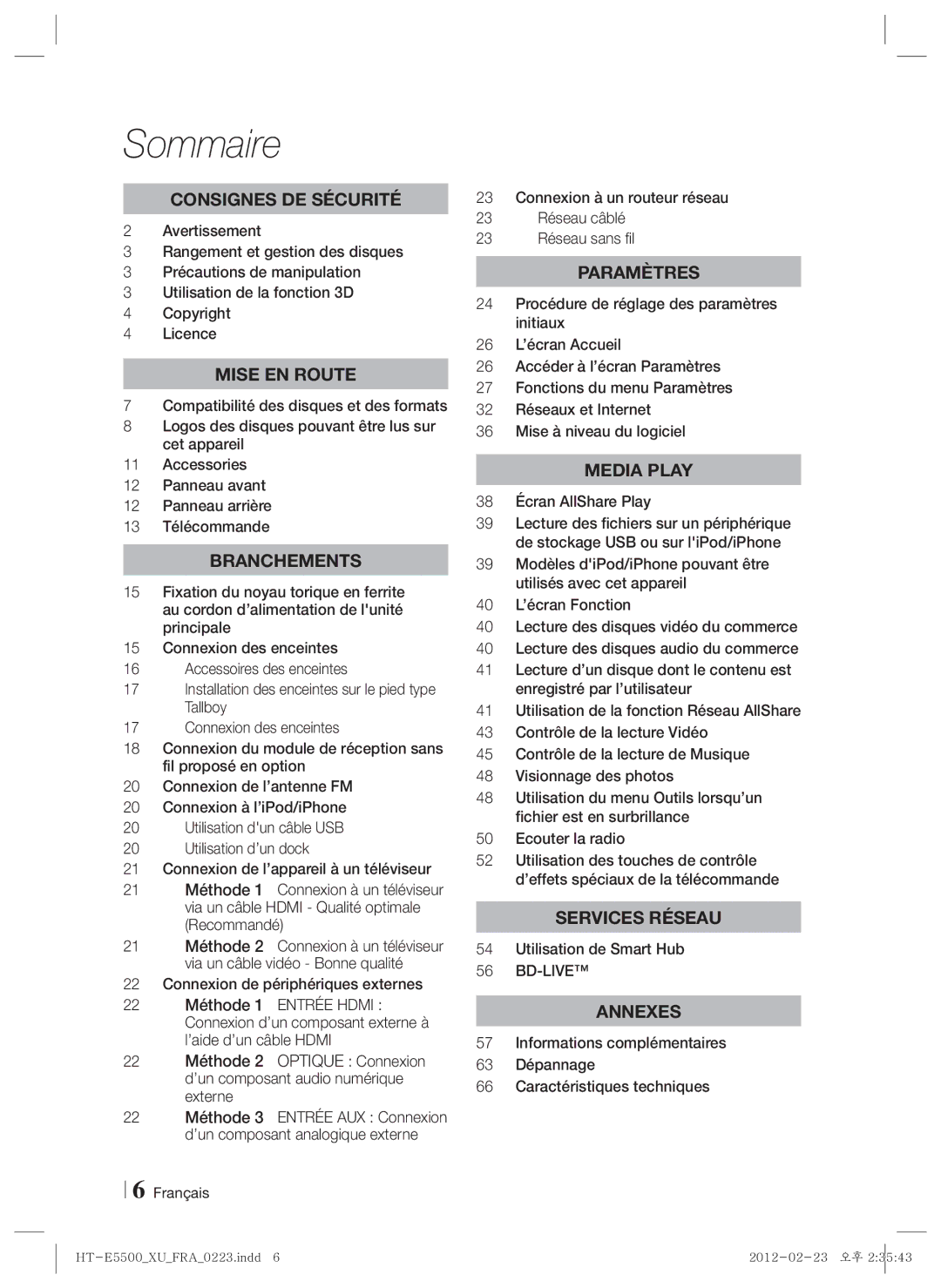 Samsung HT-E5530/XN, HT-E5500/XN, HT-E5550/EN, HT-E5550/TK manual Sommaire, 38 Écran AllShare Play, Utilisation de Smart Hub 