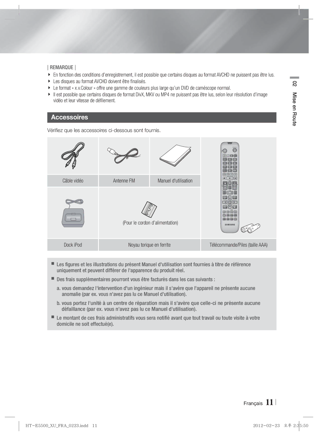 Samsung HT-E5530/ZF Accessoires, Vérifiez que les accessoires ci-dessous sont fournis, Antenne FM Manuel dutilisation 