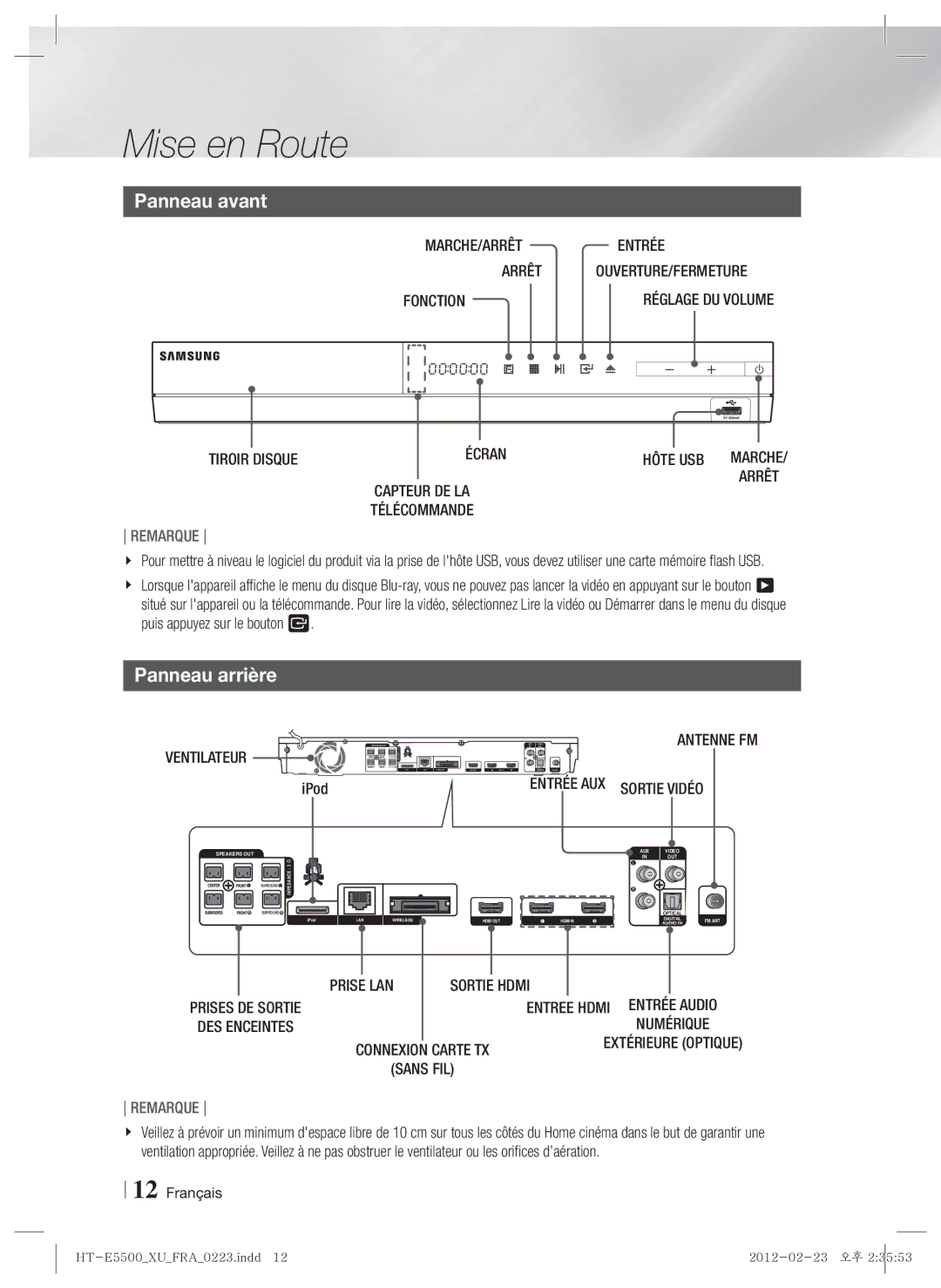 Samsung HT-E5500/ZF, HT-E5500/XN, HT-E5550/EN, HT-E5530/XN, HT-E5550/TK, HT-E5530/EN manual Panneau avant, Panneau arrière 