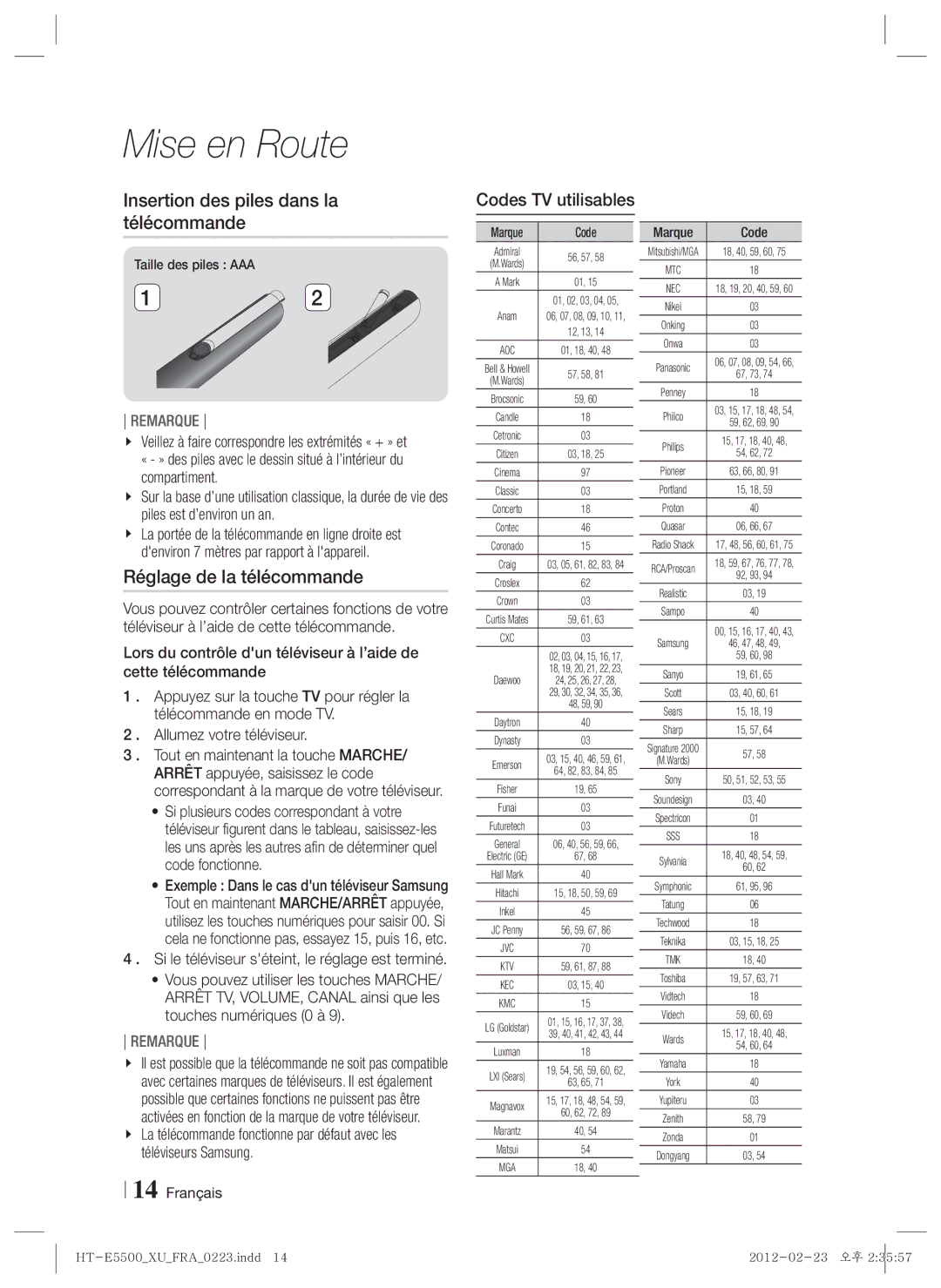 Samsung HT-E5550/XE manual Insertion des piles dans la télécommande, Réglage de la télécommande, Codes TV utilisables 